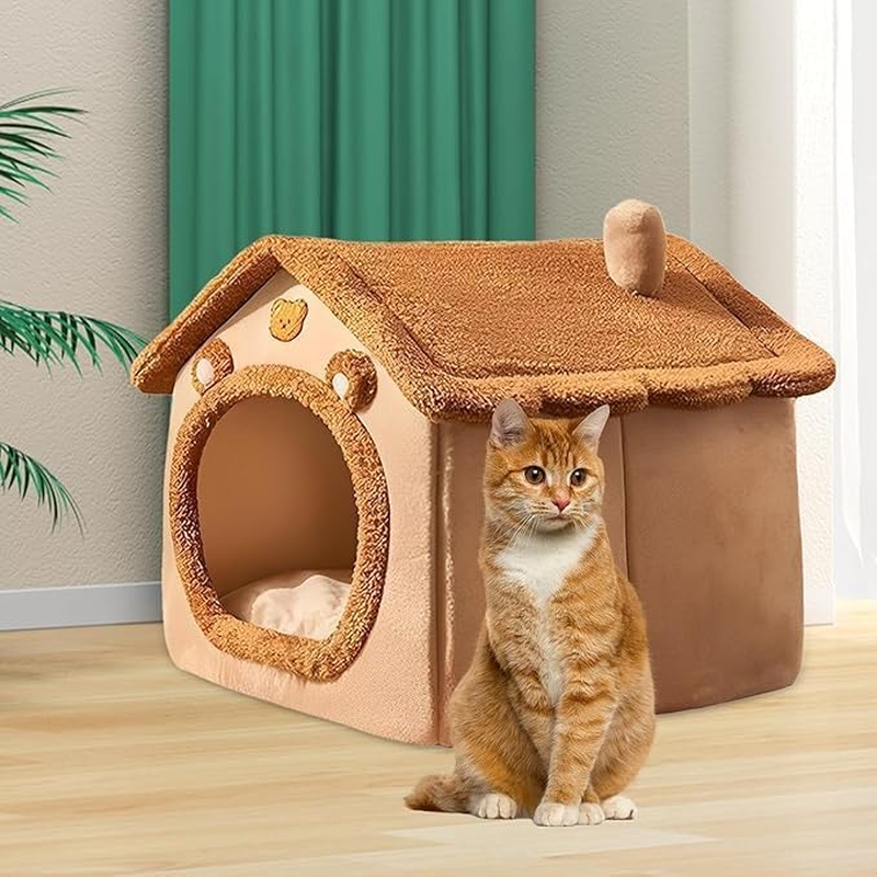 CARRORABI Cozy Cat Cave Bed for Indoor Cats - Warm Winter Pet Nest, Soft Suede with Removable Cover, Non-Slip Bottom, Home Decor, Brownish Red(45Cmx40Cmx45Cm)