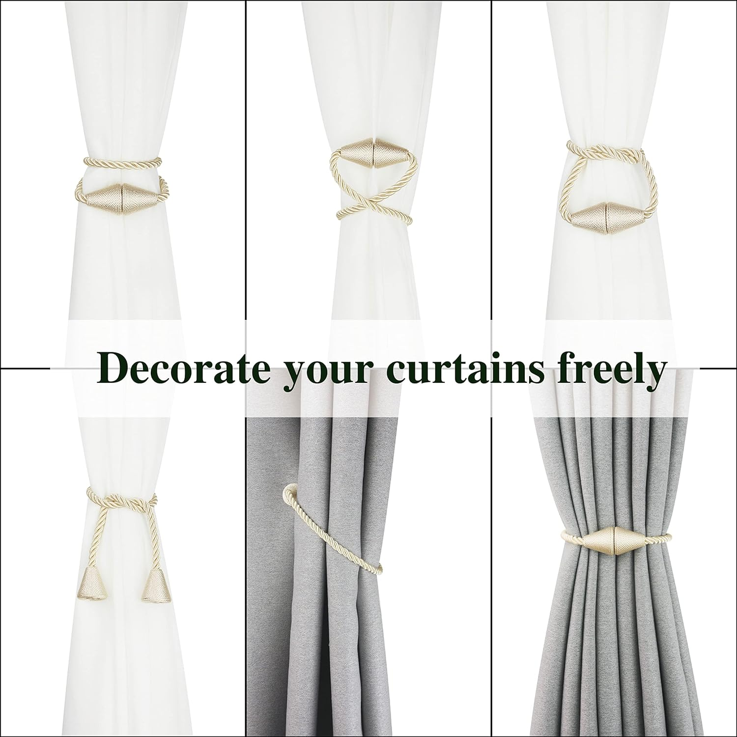 Nieffeiy 2 Pack Magnetic Curtain Tiebacks Rope Modern Handmade Curtain Tie Backs Decorative Drapes Weave Holdbacks for Window D&eacute;cor, Beige image number 5