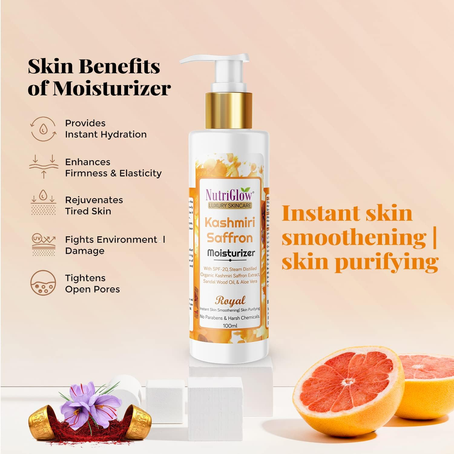 Nutriglow Luxury Skincare Kashmiri Saffron Moisturizer with SPF 20 with Sandalwood Oil for Protect from Sun Tan, Premature Aging & Wrinkle, 100Ml image number 3