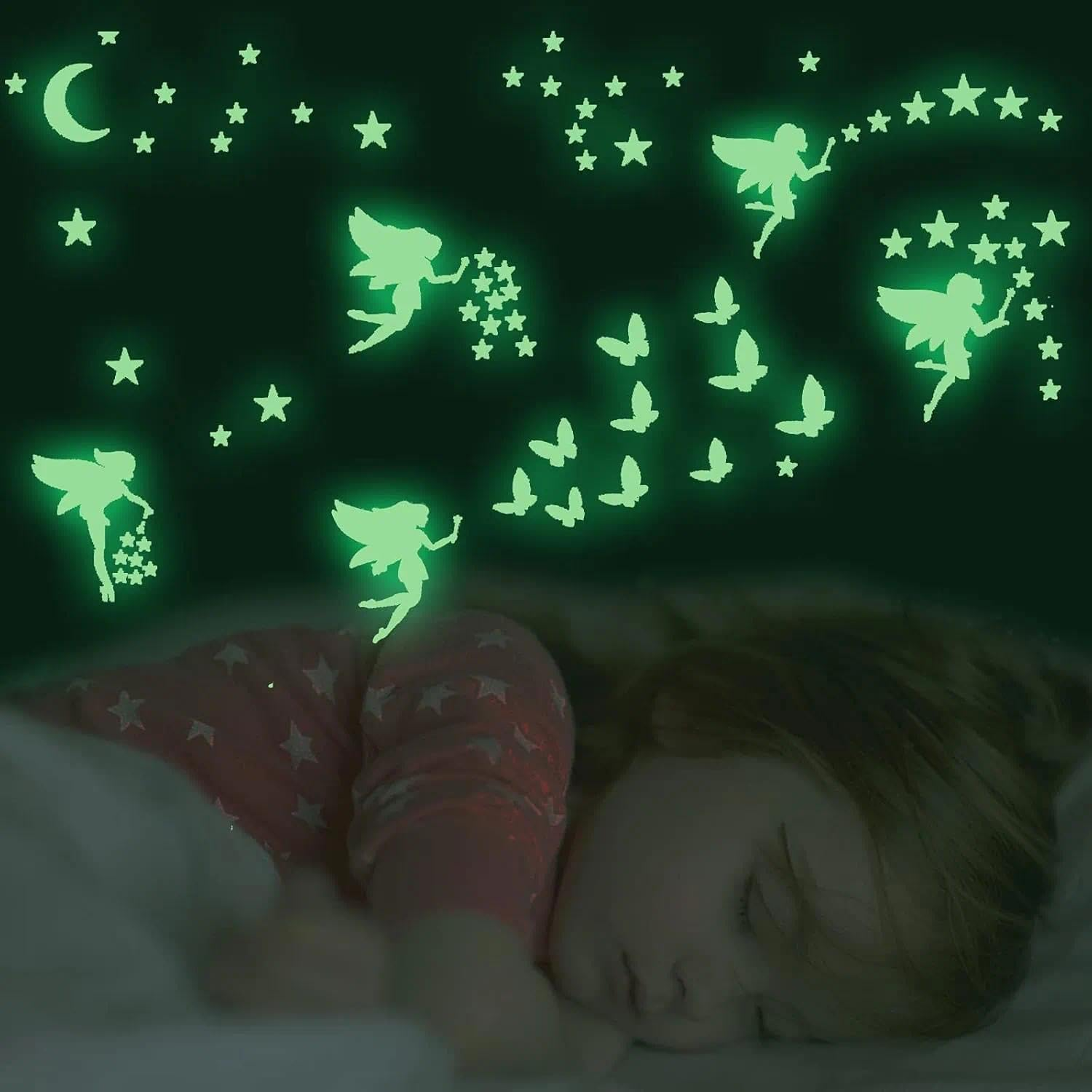 Luminous Wall Decals for Kids Room - Glow in Dark Fairy Butterfly Star Moon Flower Stickers, Waterproof Nursery Bedroom Ceiling Decor Ermaoo image number 2