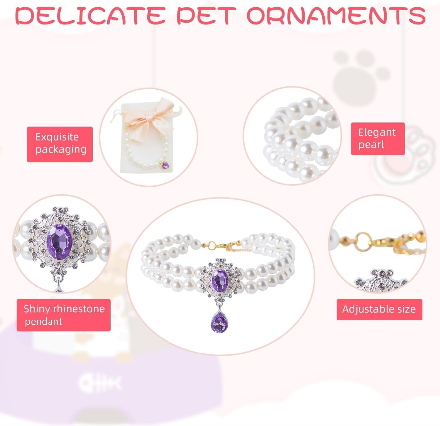 2 Row Pearls Collar for Cats Pearl Dog Collar Rhinestone Necklaces for Small Dogs Collar Accessories Cat Pearl Collar (Pink, M) image number 3