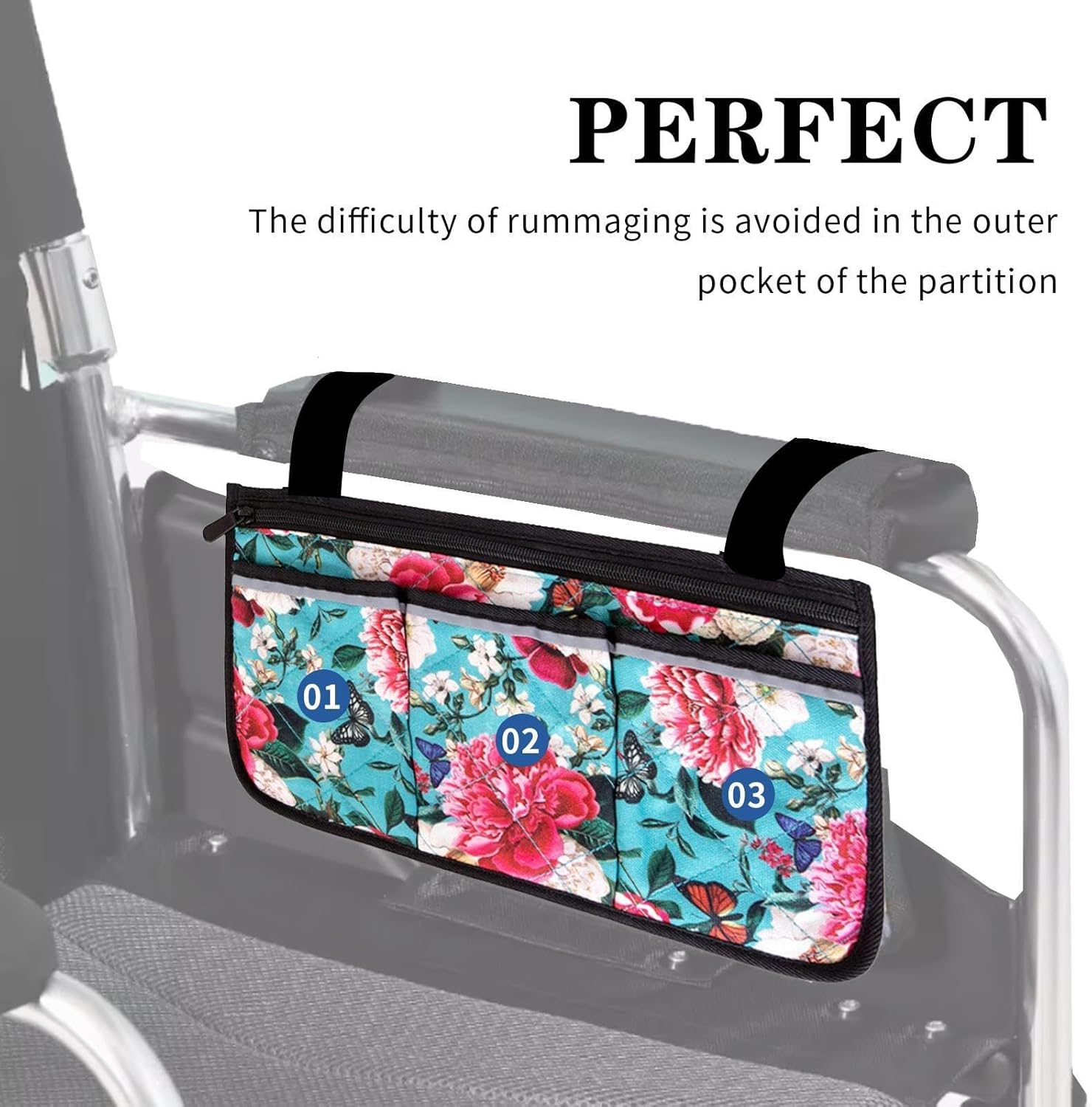 Printed Wheelchair Bags to Hang on Side-Walker Bags and Pouches-Pouch for Walkers for Seniors-Bag for Walkers for Seniors with Pockets-Wheelchair Side Bags for the Armrest-Wheelchair Accessories Bags image number 4