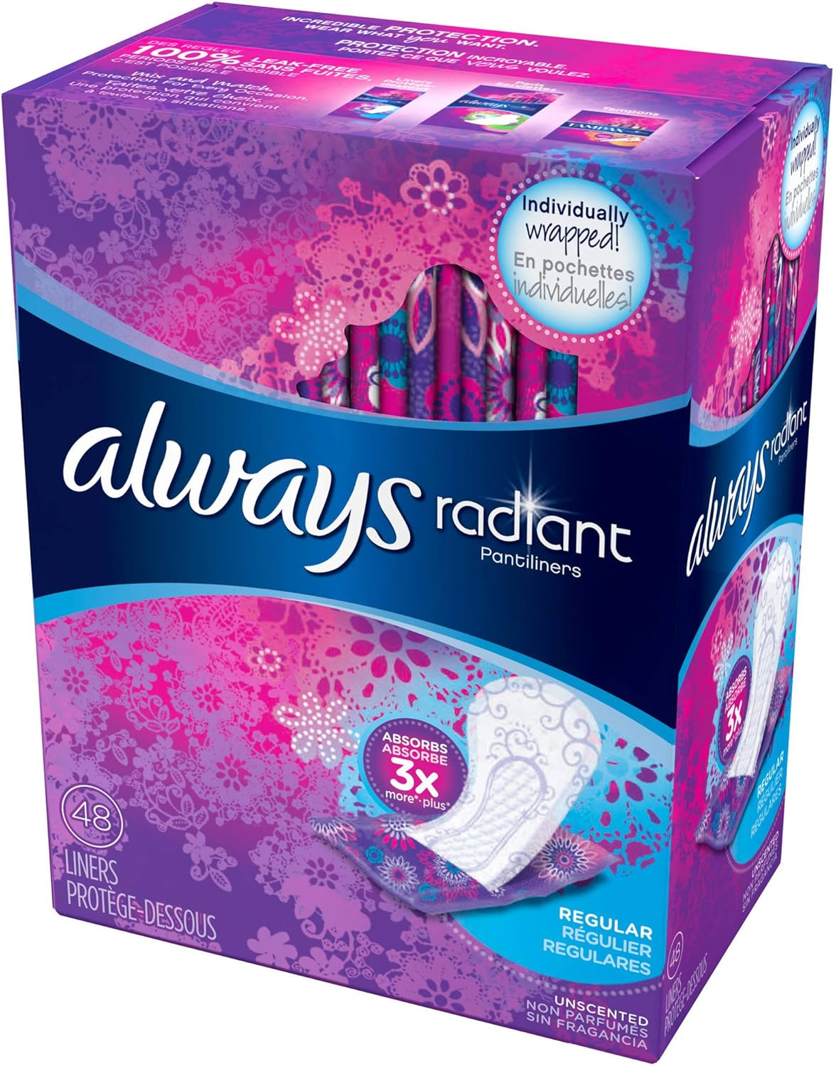 Always Radiant Pantiliners, Regular, Unscented, 96 Liners (Pack of 2) image number 3