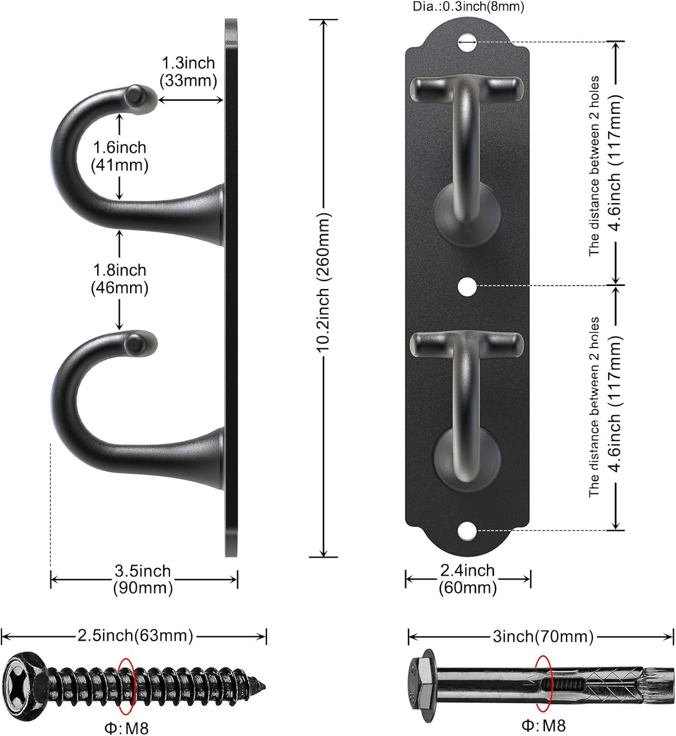 Kipika Wall Mount Workout Anchors with Dual Hooks - Heavy Duty Steel Home Gym Anchors for Resistance Bands, Strength Training & Physical Therapy- Space-Saving Hooks with Secure G-Shaped Design, 3 Pack image number 6