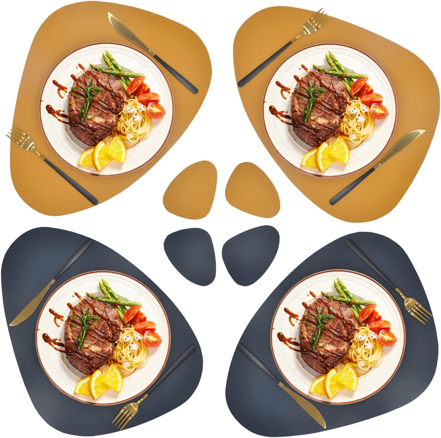 Faux Leather Placemats and Coaster Sets of 4 round - Washable Non-Slip PU Table Mat Wipeable Hot Resistant Place Mats for Kitchen Table (Blue-Yellow, 4) image number 4