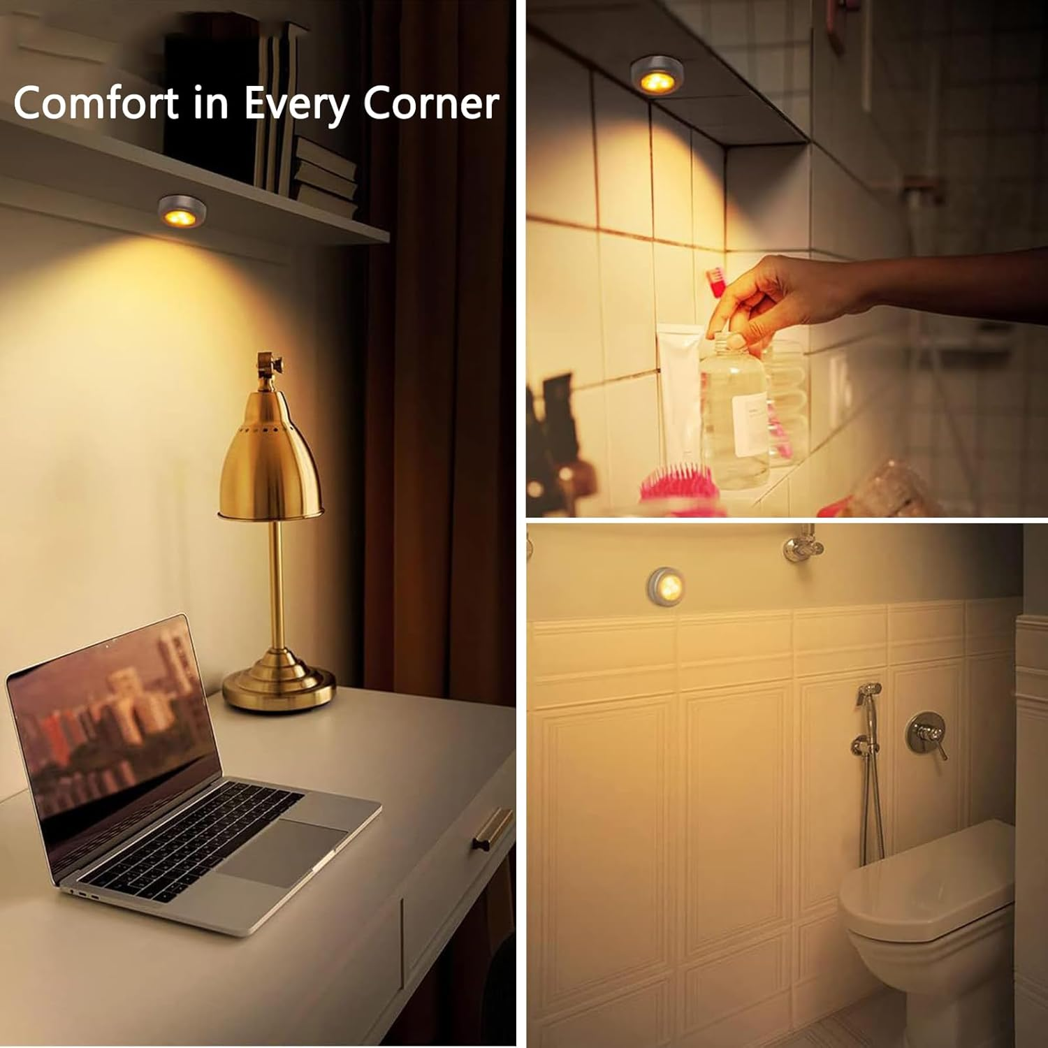 Komiyaa 6Pcs Mini Puck Lights, Portable under Cabinet Lighting, AAA Battery Operated LED Lights, Warm Lightings Touch Light Stick on Night Light, for Closet Counter Kitchen Cabinet RV Indoor Outdoor image number 4