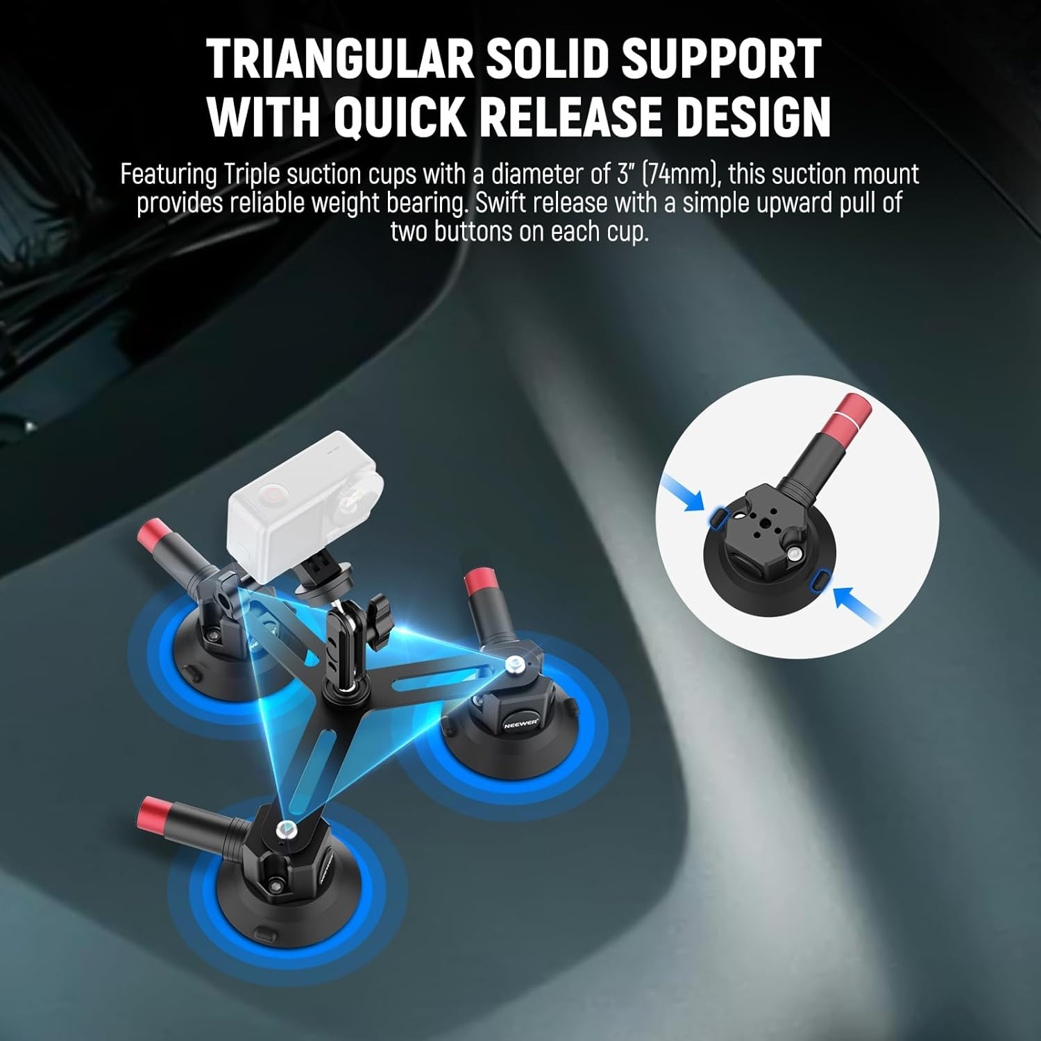 NEEWER Triple Suction Cup Camera Car Mount [Simplified] with Phone Holder & Action Camera Adapter Compatible with Iphone Gopro OSMO Action Pocket 4 3 2 Hero 13 12 11 10 Insta360 Samsung, CA067 image number 1