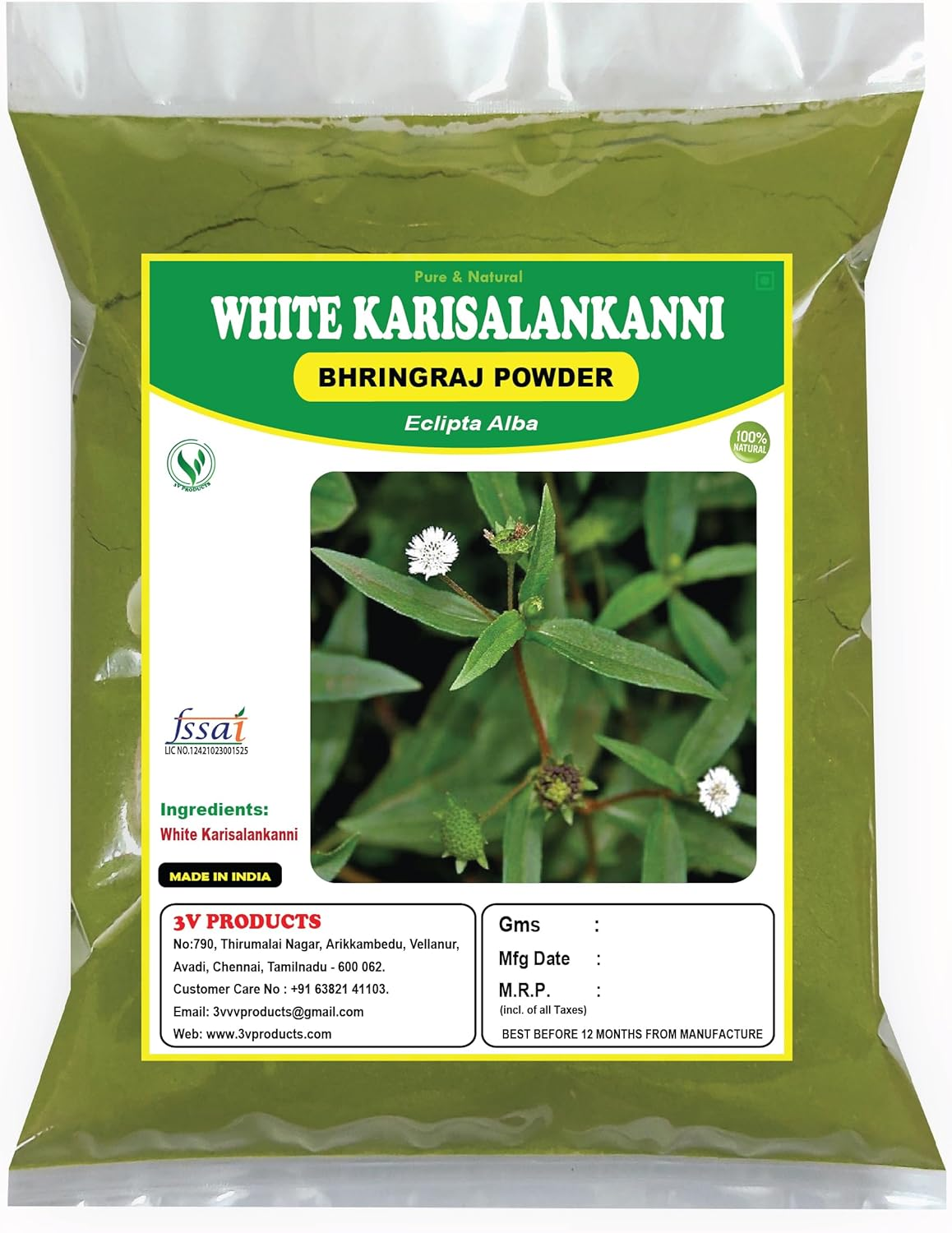 3V PRODUCTS Karisalankanni Bhringraj Powder 100G | Bharangraj | Eclipta Alba Powder for All Types of Hair,1 Count image number 1