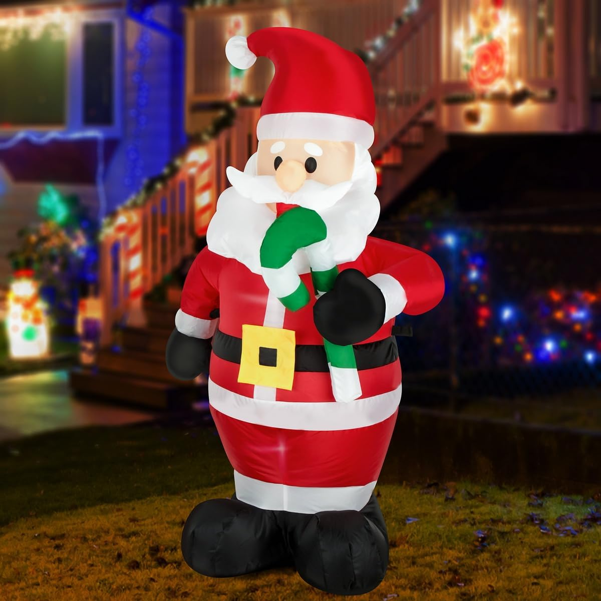 Christmas Inflatables Santa Claus Holds Green Candy Cane Lighted Inflatable Christmas Garden Yard Lawn Decoration with Built in Fan and Anchor Ropes 4 Feet Tall image number 6