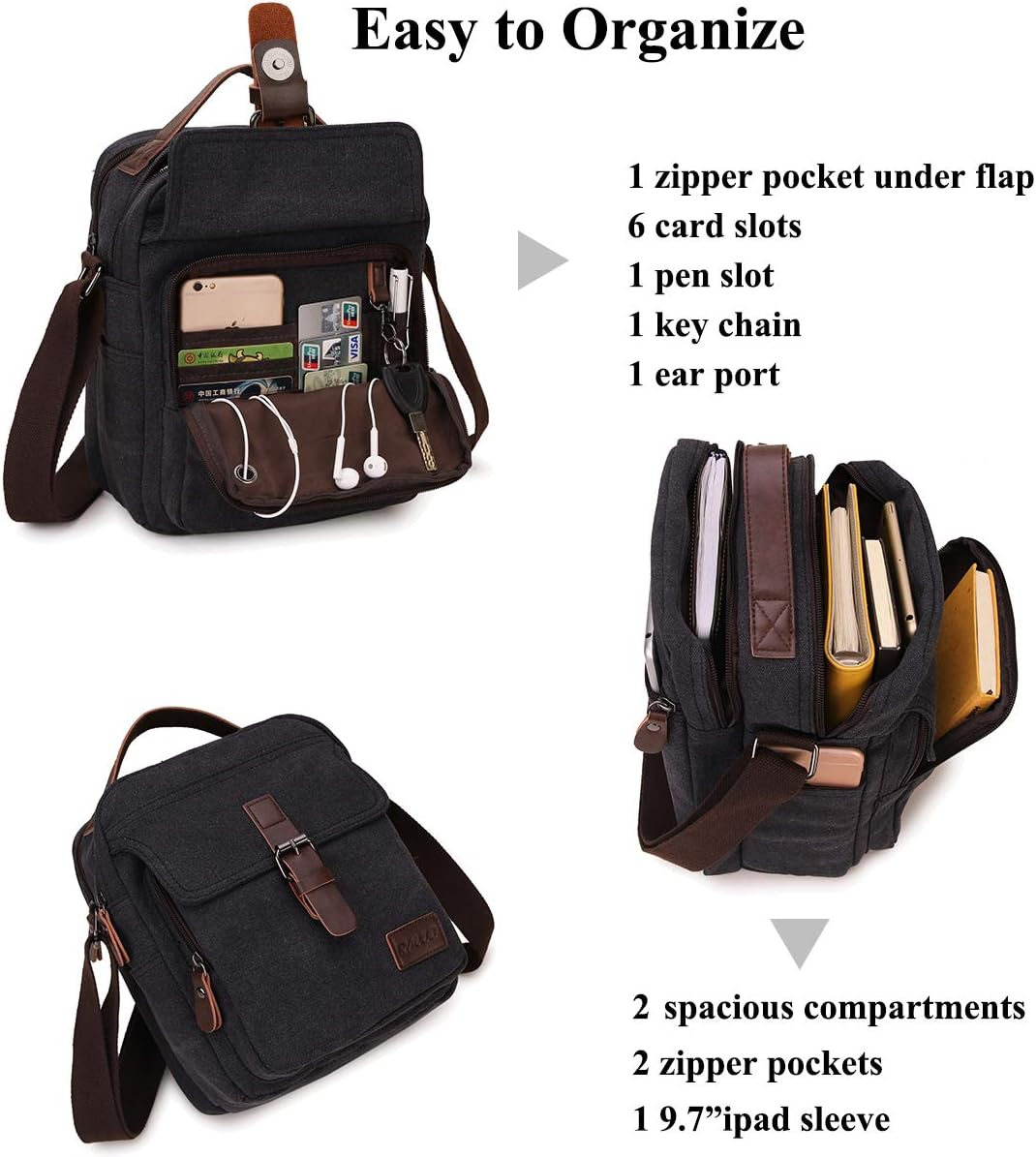 Small Messenger Bag for Men, RAVUO Water Resistant Canvas Satchel Purse Vintage Shoulder Crossbody Bag for Travel Work image number 5