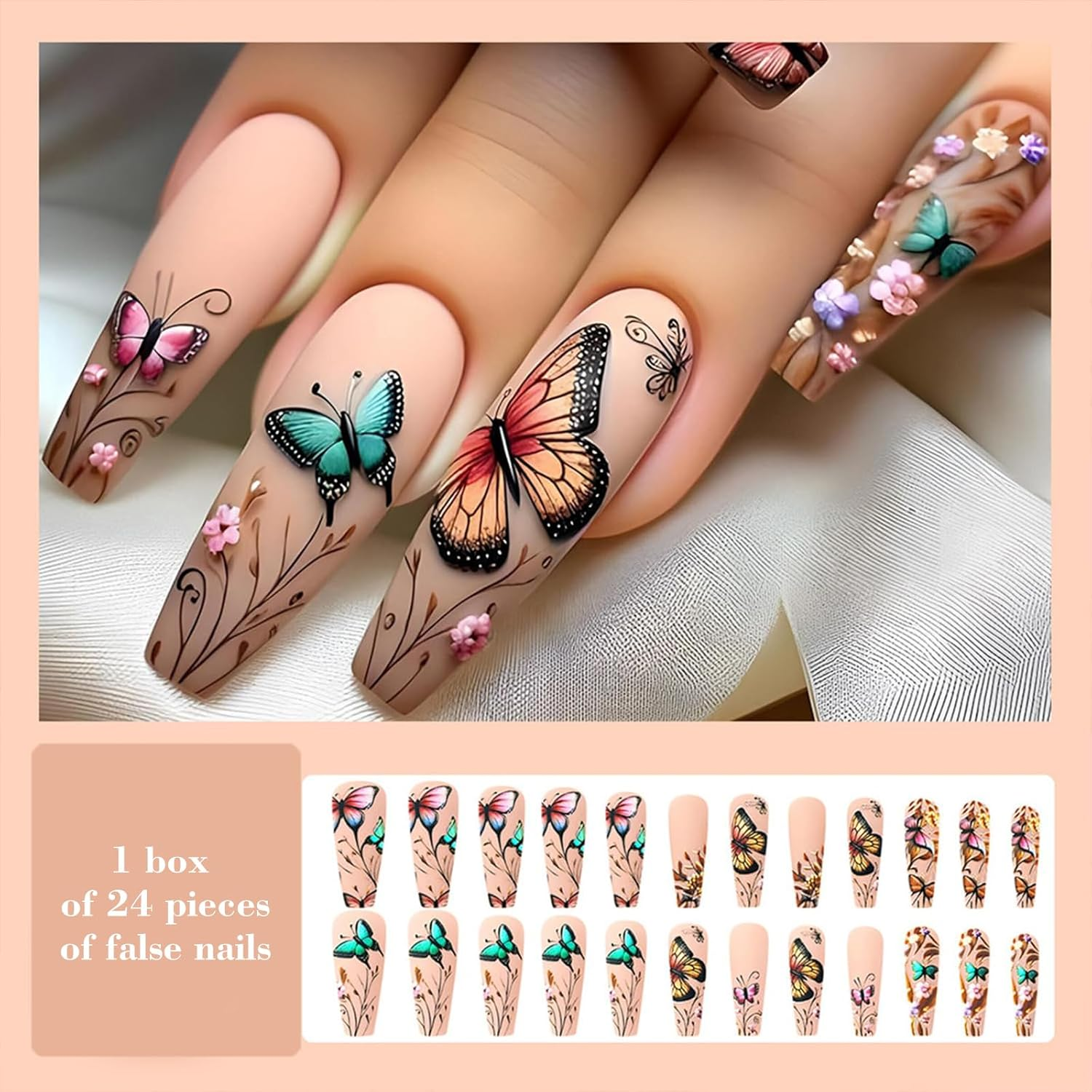 TELAIN Spring Butterfly Flower Press-On Nails Extra Long Ballerina False Nails Matte Square Acrylic Full Cover Plastic Glue Nails for Women Girls DIY Nail Design image number 4