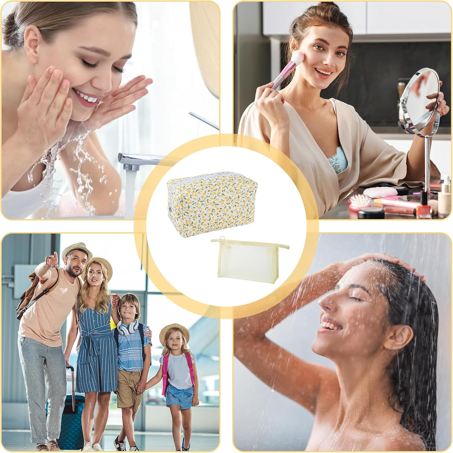 Pack of 2 Quilted Cosmetic Bags with Floral Pattern (Yellow) Made of Soft Cotton Material & Mesh Makeup Bag (Beige), Makeup Organiser for Women, Portable Toiletry Bag for Travel and Everyday Use image number 3