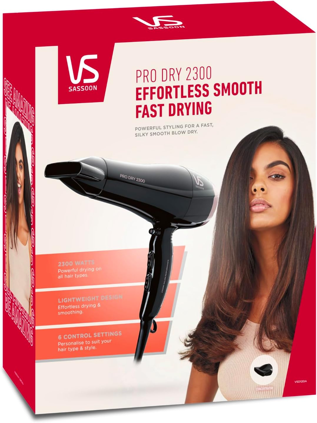 VS Sassoon Pro Dry 2300 Hair Dryer &ndash; 2300W DC Motor, Lightweight Design, 6 Control Settings, Includes Concentrator &ndash; Black image number 3