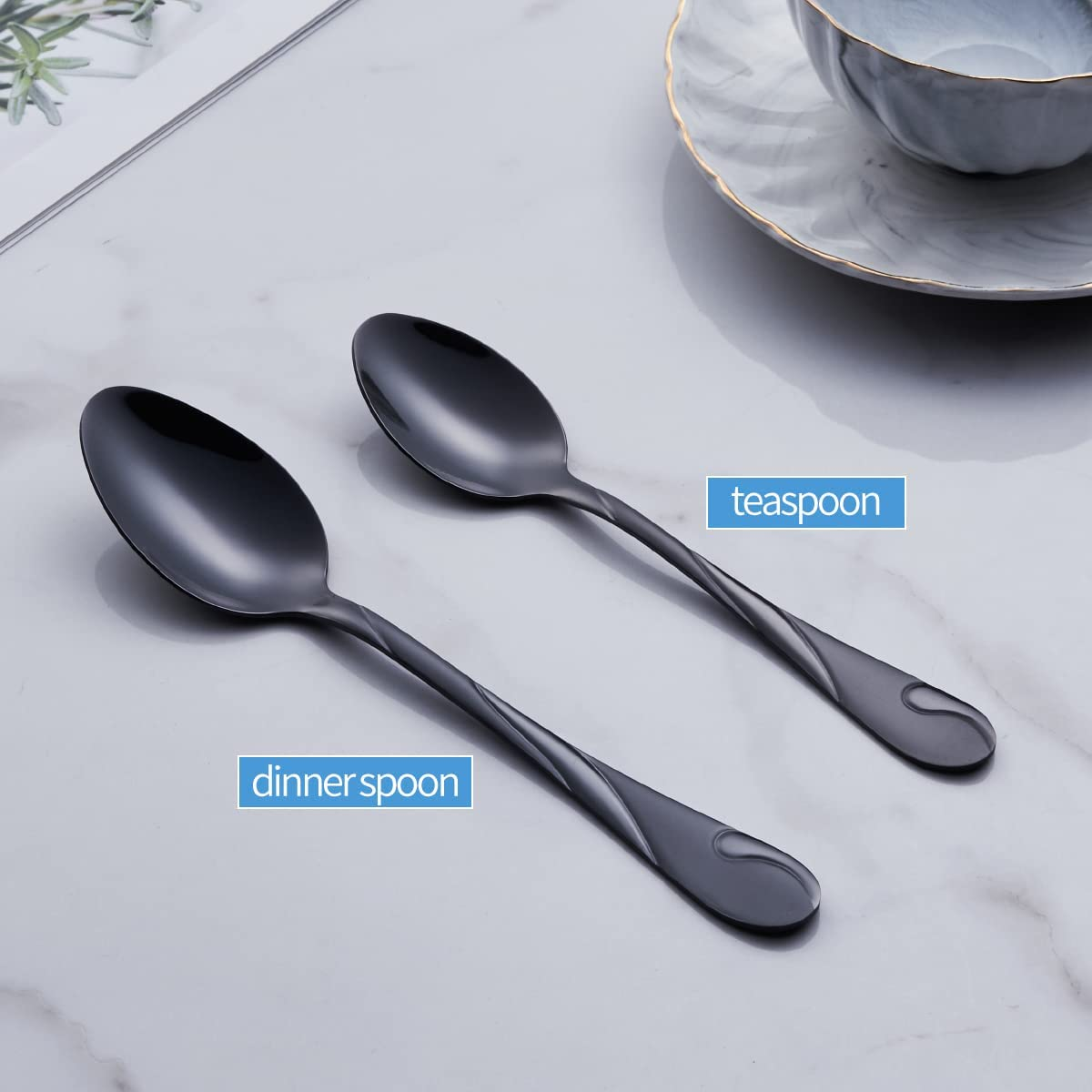 19.3 Cm Stainless Steel Black Dinner Spoon, Metal Soup Spoons Table Spoon Silverware Set of 6, for Home Kitchen Restaurants - Black image number 2