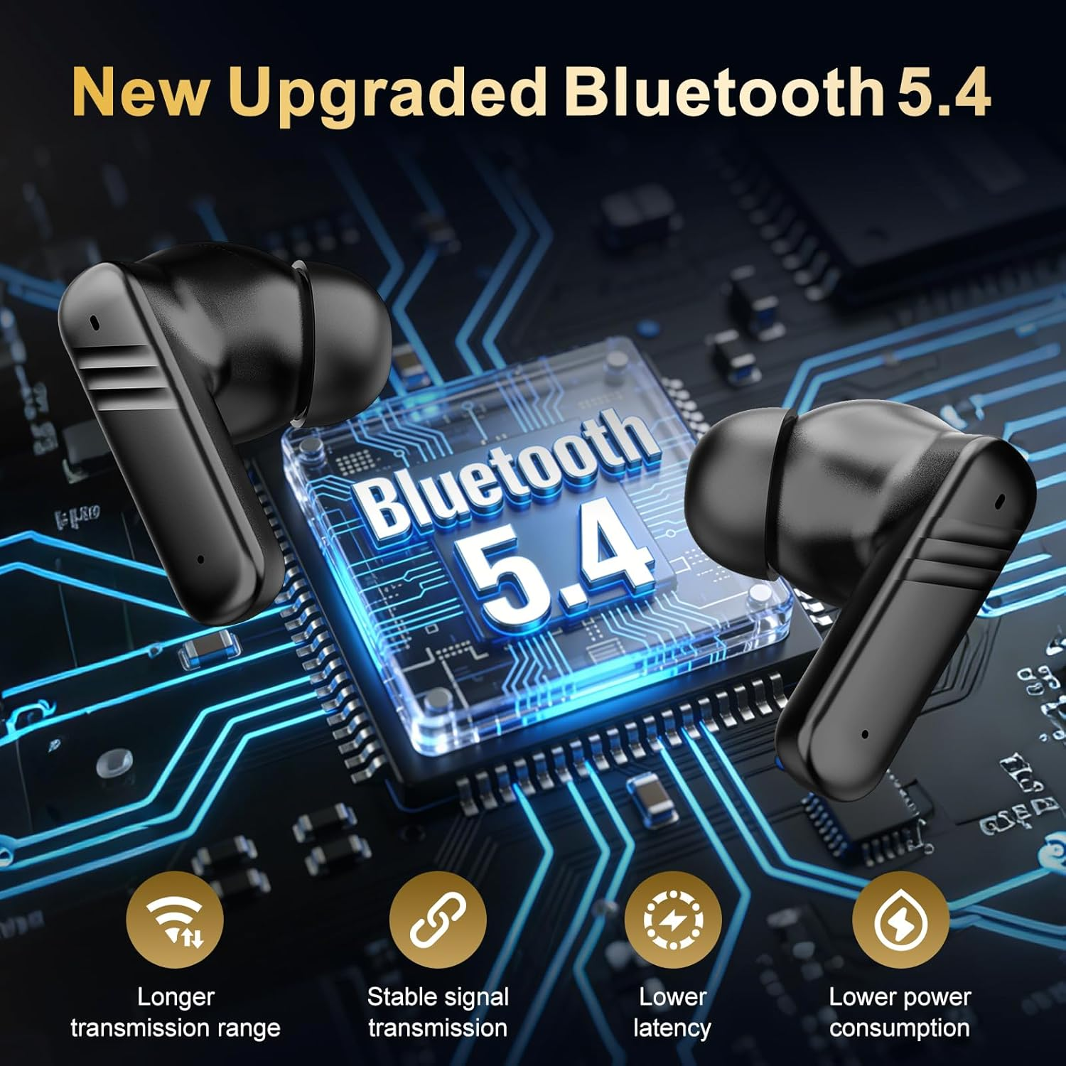 Vabaso Wireless Earbuds with Smart Touch Screen, in Ear Headphones with 10Mm Drivers for Big Bass, 24H Playtime Hi-Fi Stereo Sound, ANC/ENC ​Noise Cancelling,Ipx5,Earphones for Iphone Android Sports​