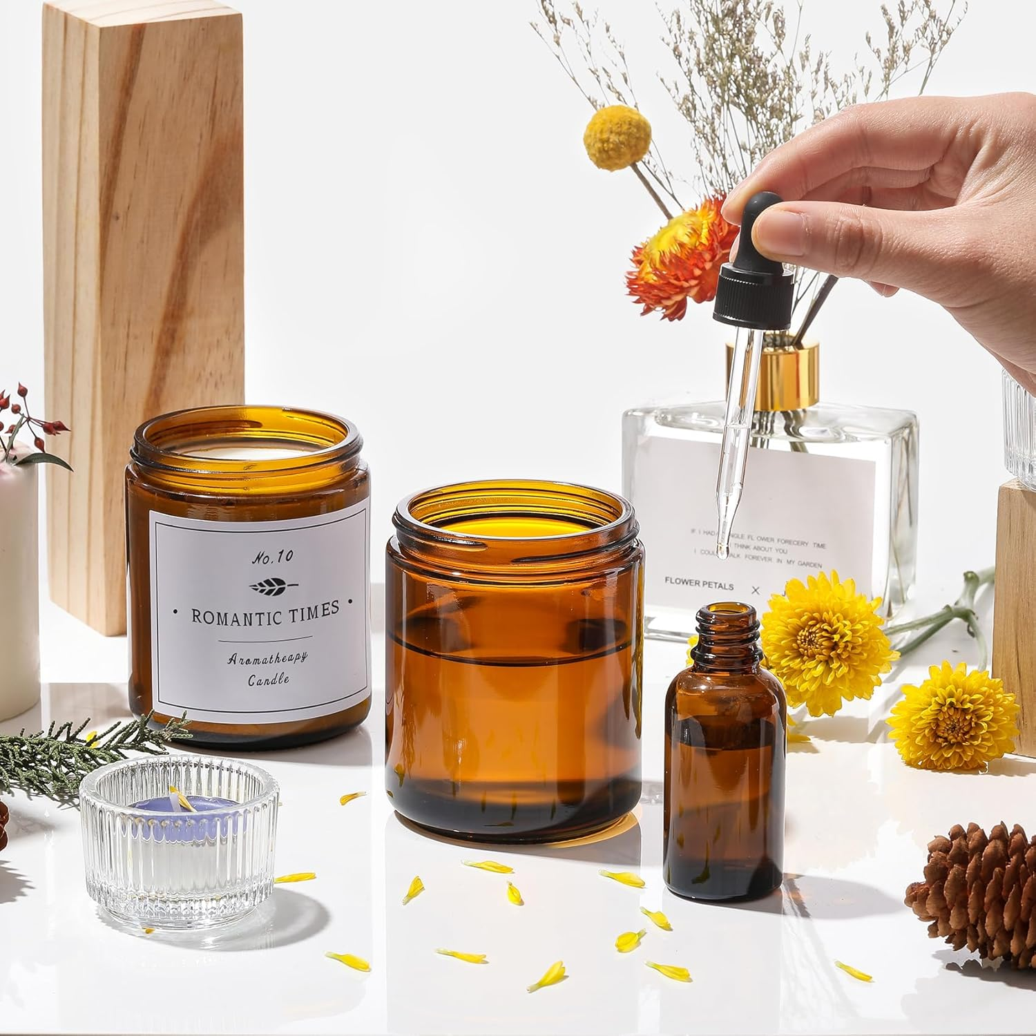 12 Pack, 8 OZ Amber round Glass Jars with 12 Metal Lids & 12 Plastic Lids - Empty Candle Jar, Food Storage Containers, Canning Jar for Spice, Powder, Liquid, Sample - Leakproof & Dishwasher Safe image number 5