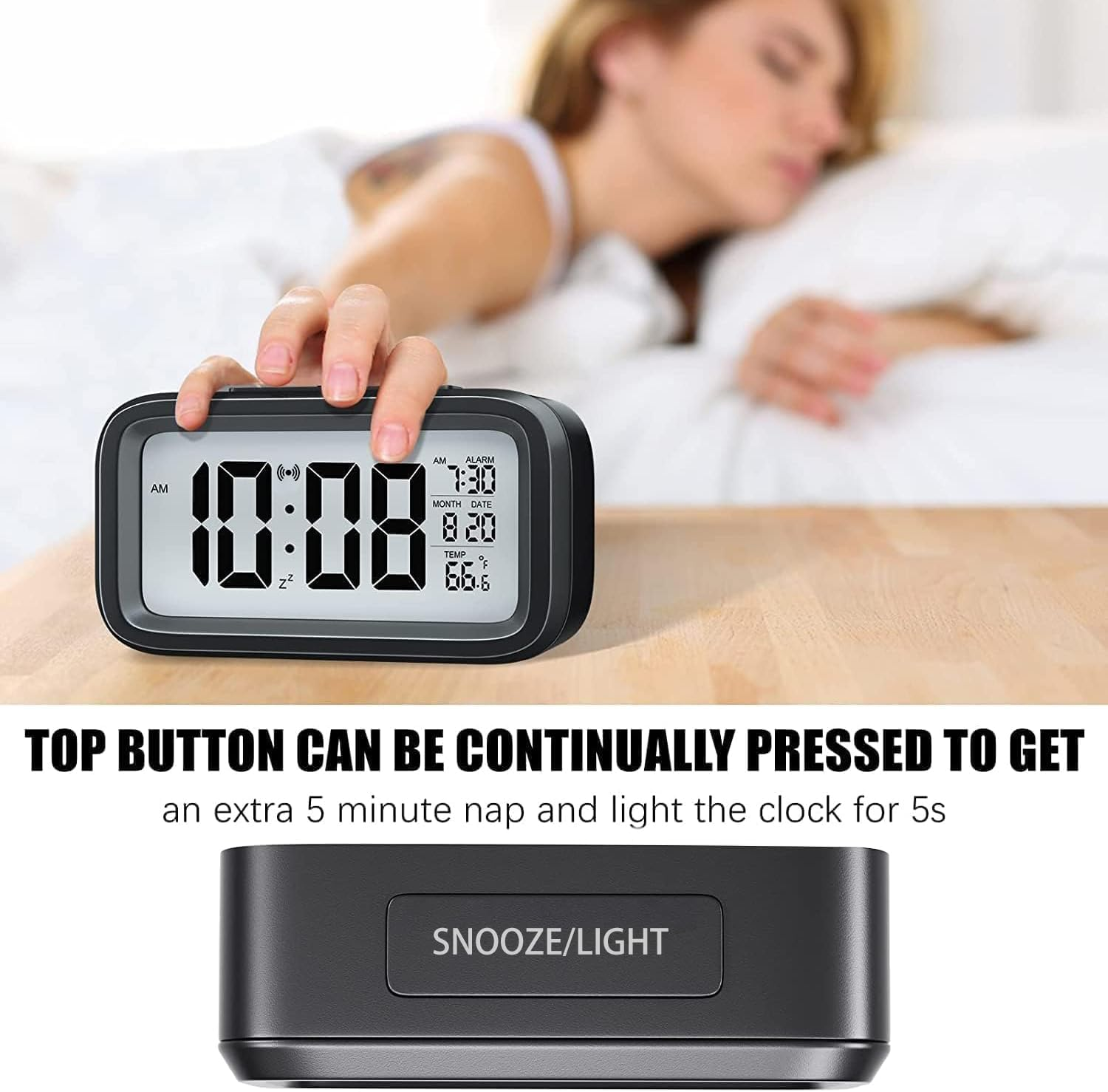 Necomi Nightlight Digital Alarm Clock, Creative Smart, Bedside Desk Table Electronic Clock Battery Operated Mute Luminous Alarm Clock with Adjustable Light, Suitable for Students and Children (Black)