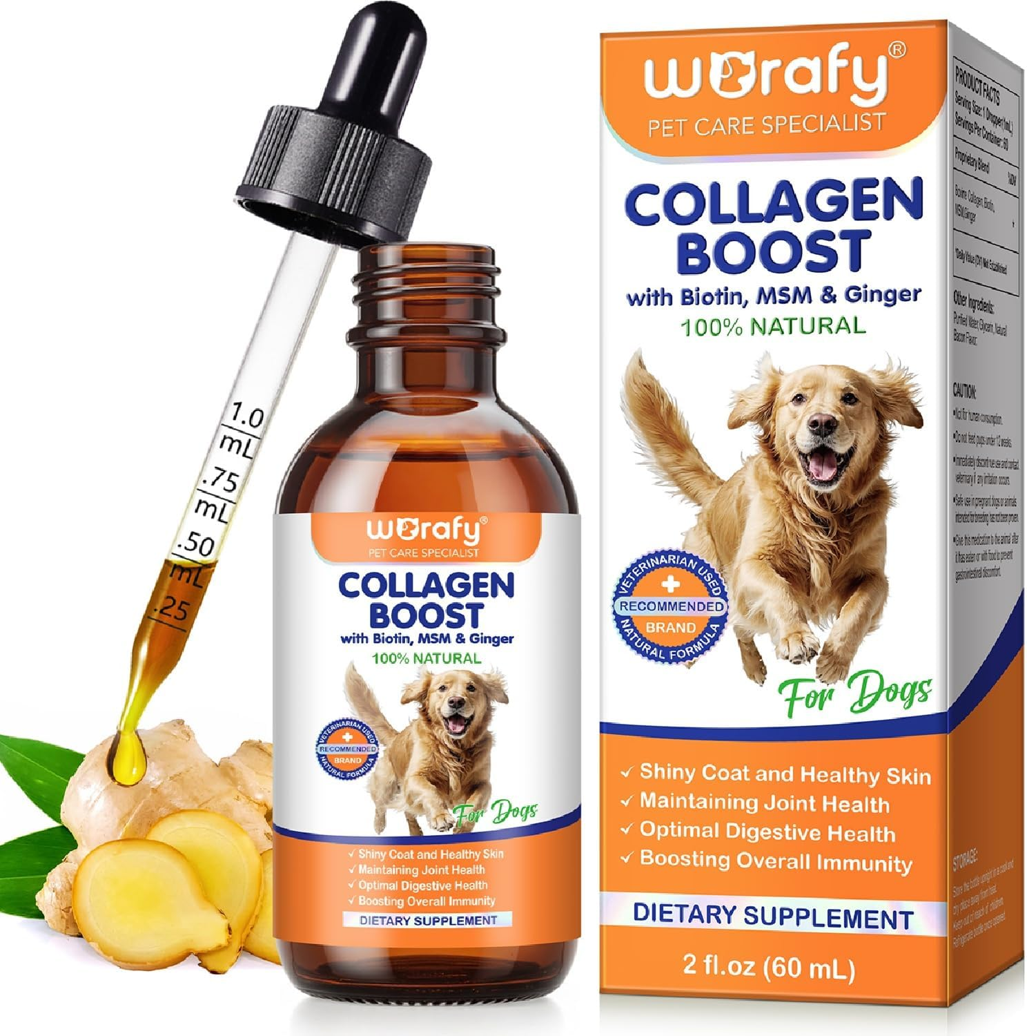 Liquid Collagen for Dogs with Biotin, MSM & Ginger - Supports Joint Health, Skin & Coat, Digestion & Immunity | Itch Relief & Shiny Coat Supplement | Easy-To-Use Drops (60Ml) image number 1