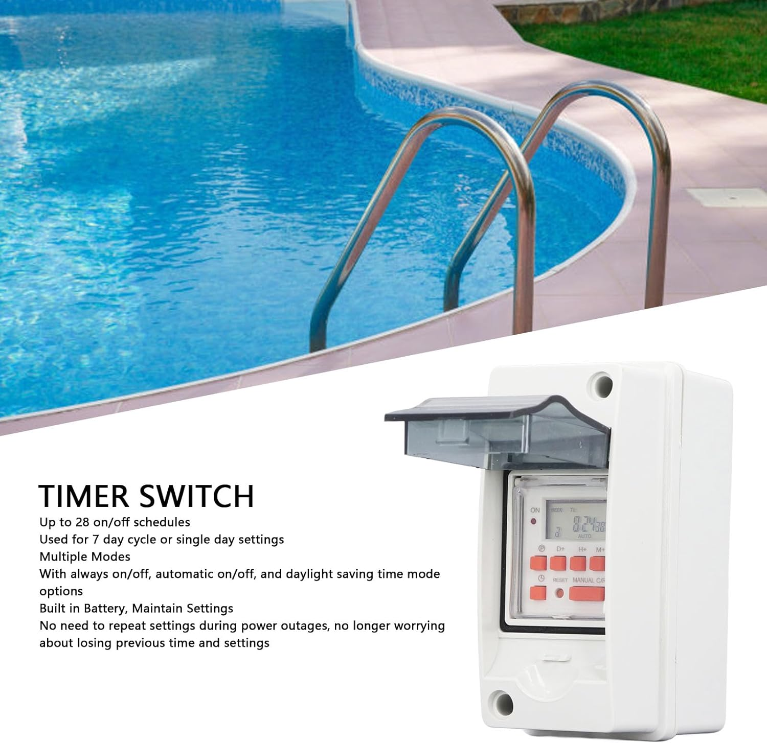 Pool Pump Timer, Water Proof Digital Timer Box with 7 Day 28 on off Schedules Programmable, LCD Display, for Outdoor Motor Driven Devices image number 2