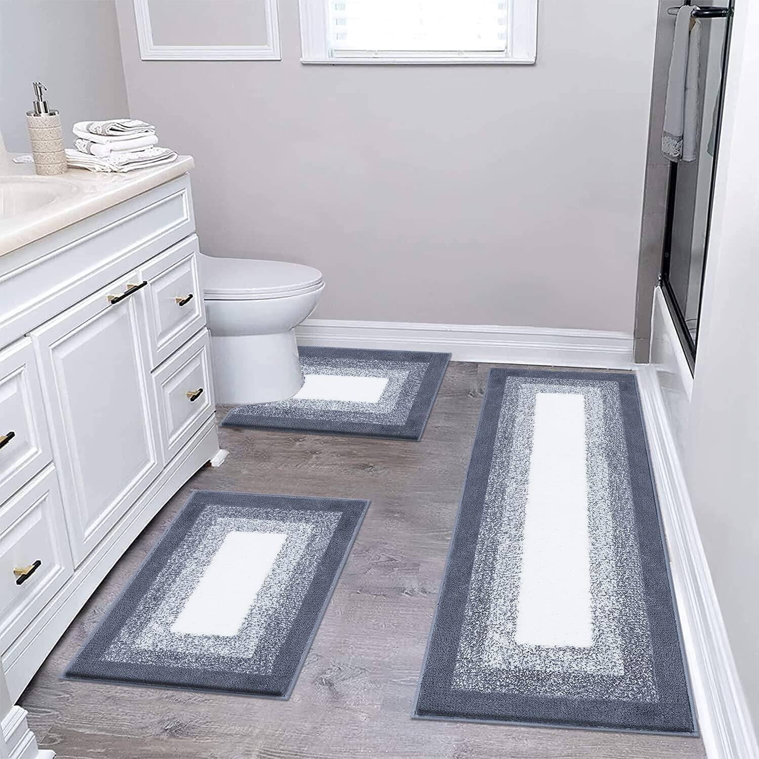 Bsmathom Bathroom Rug Set 3 Piece, Non-Slip Plush Shaggy Bath Mat, Soft and Absorbent Microfiber Bath Rugs for Bathroom, Tub and Shower Machine Washable,Blue