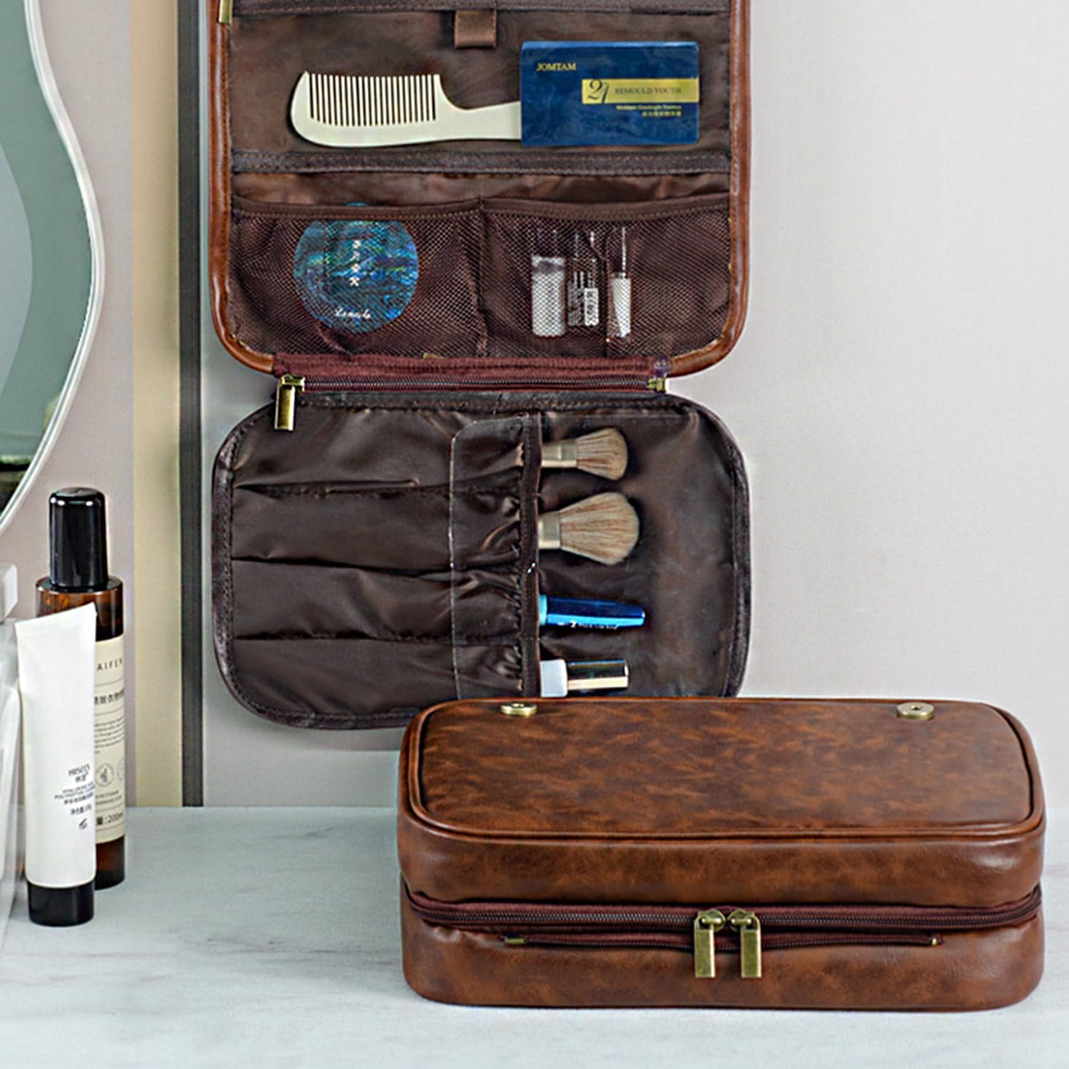 Hanging Toiletry Bag for Men and Women &ndash; 3-In-1 Travel Organizer, Water-Resistant PU Leather Dopp Kit, Large Makeup & Shaving Bag for Toiletries Accessories