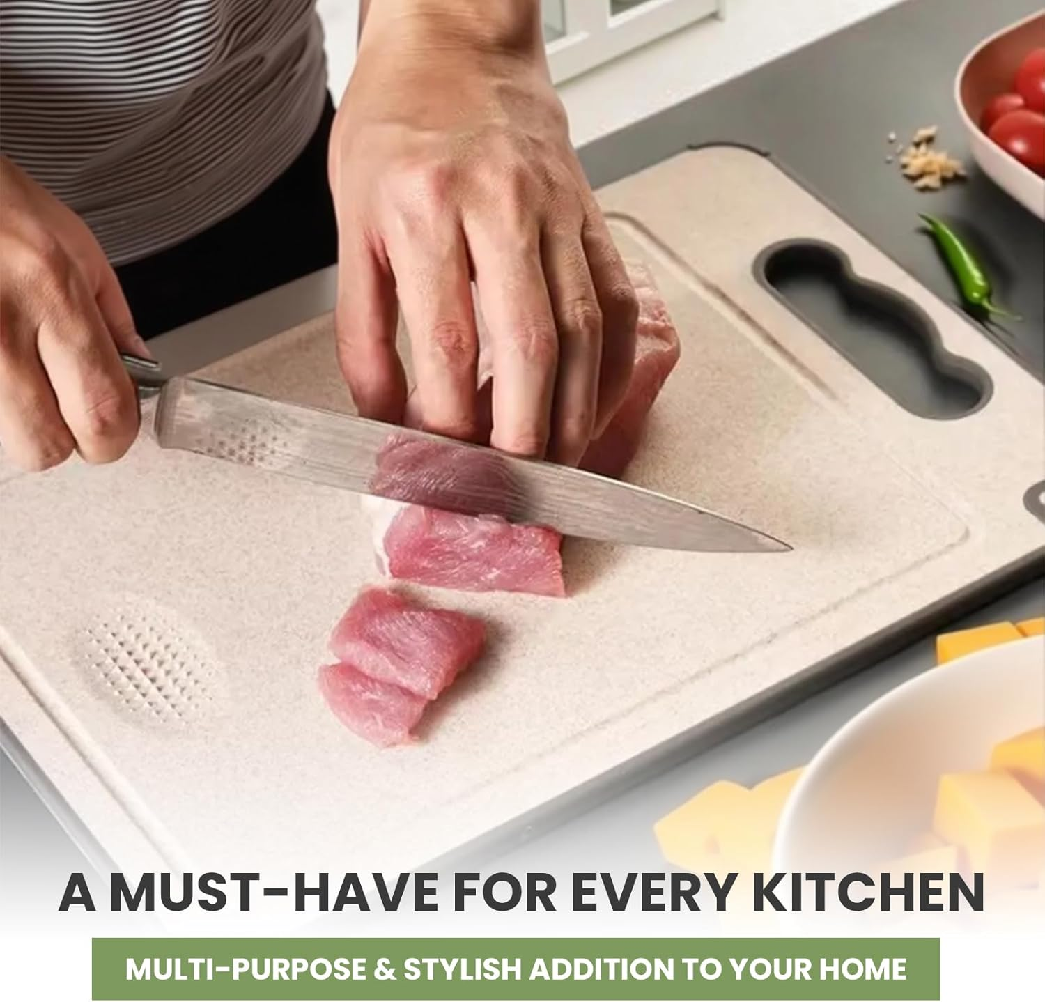 MYLB Double-Sided Chopping Board for Kitchen 304 Stainless Steel Wheat Straw PP Practical Size 36.5Cm X 25Cm, Non-Slip Edges, Deep Juice Groove, Bpa-Free, Easy to Clean, Perfect for Everyday Use image number 5