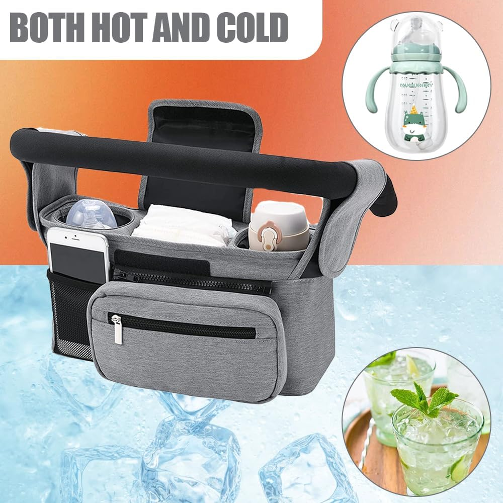 TOMVAES Stroller Organizer with Insulated Cup Holder Detachable Phone Bag, Shoulder Strap and Non-Slip Secure Hooks Stroller Bag Caddy Organizer Accessories Fits for Most Strollers (Grey) image number 4