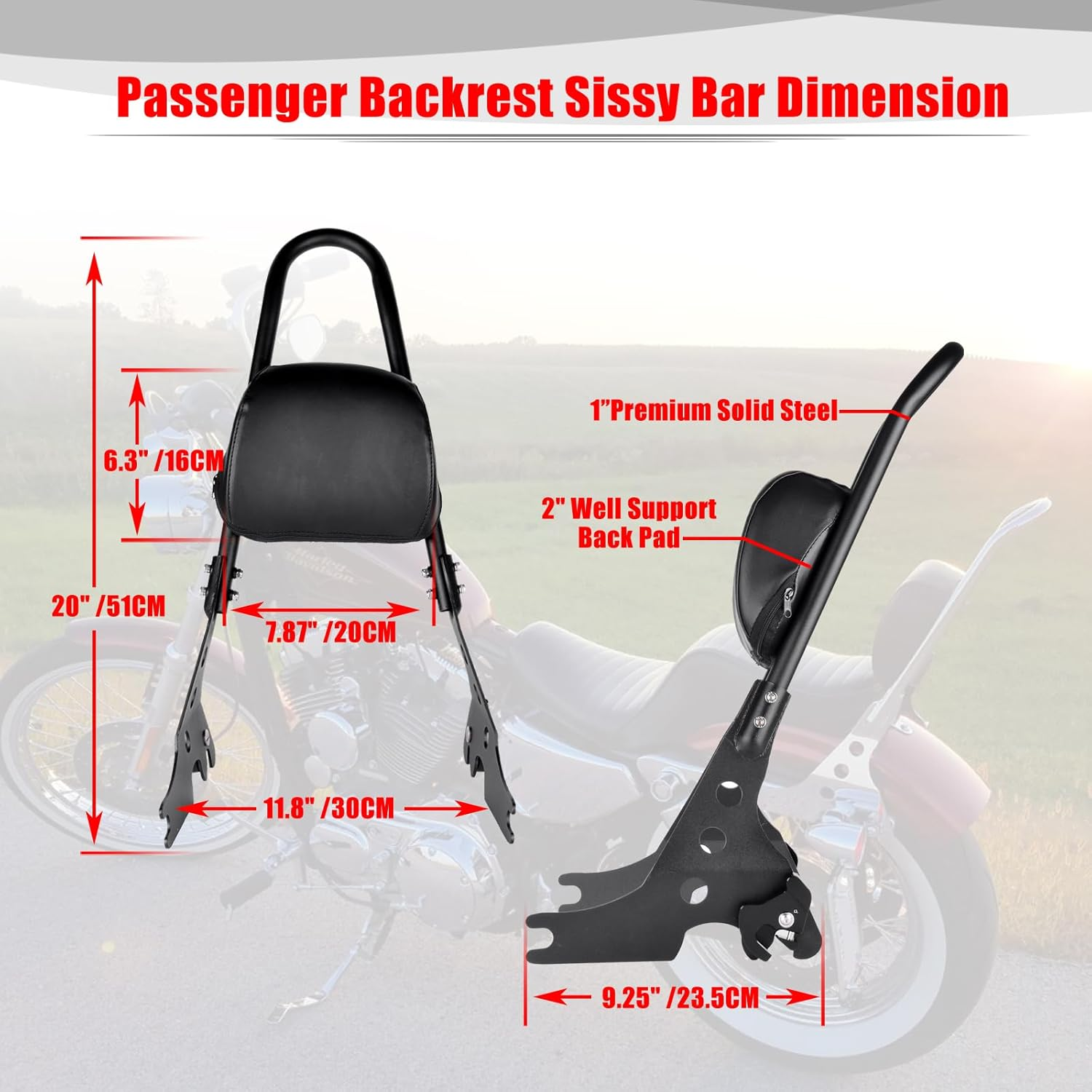 Goldfire Motorcycle Sissy Bar Detachable Rear Passenger Upright Backrest W/Cushion Pad for Harley Sportster XL 883 1200 2004-Up image number 1