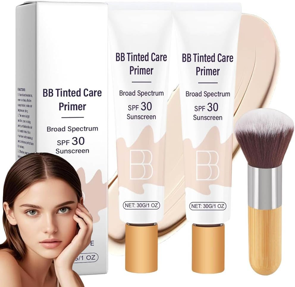 BB Tinted Care Primer with Brush,Bb Cream Tinted Moisturizer with Broad Spectrum,Bb Tinted Moisturizer,Hydrates & Smooths Your Skin,Brightens,Suitable for Women (Wheat, 1Pcs)