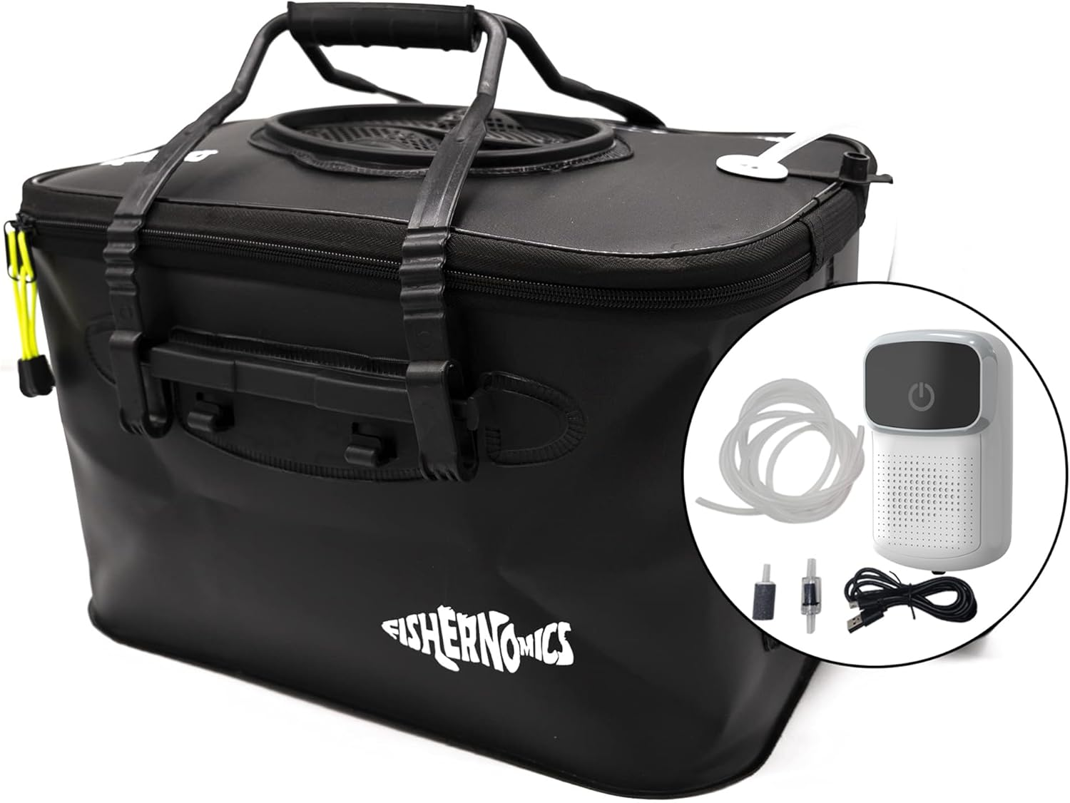 Fishernomics Collapsible Fishing Bucket with Air Pump - Live Bait Bucket with Aerator (6 Gallon/10 Gallon) - Leak Proof with Side Pocket & Shoulder Strap | Highly Durable & Sturdy image number 1