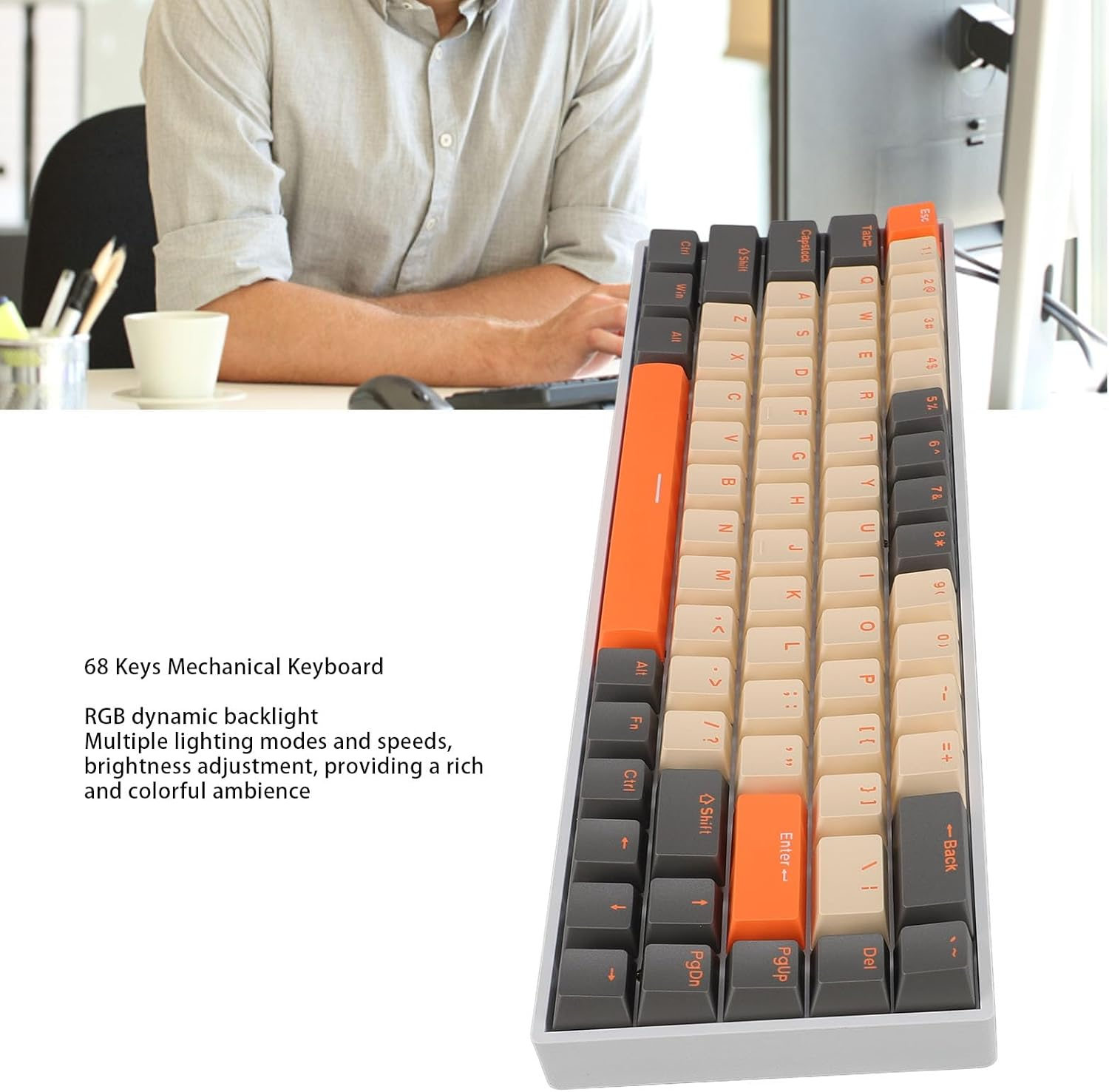 60% Mechanical Gaming Keyboard, 68 Keys Wired RGB Backlit Keyboard with Blue Switch, Ergonomic Portable Computer Keypad for Wins PC Laptop image number 5