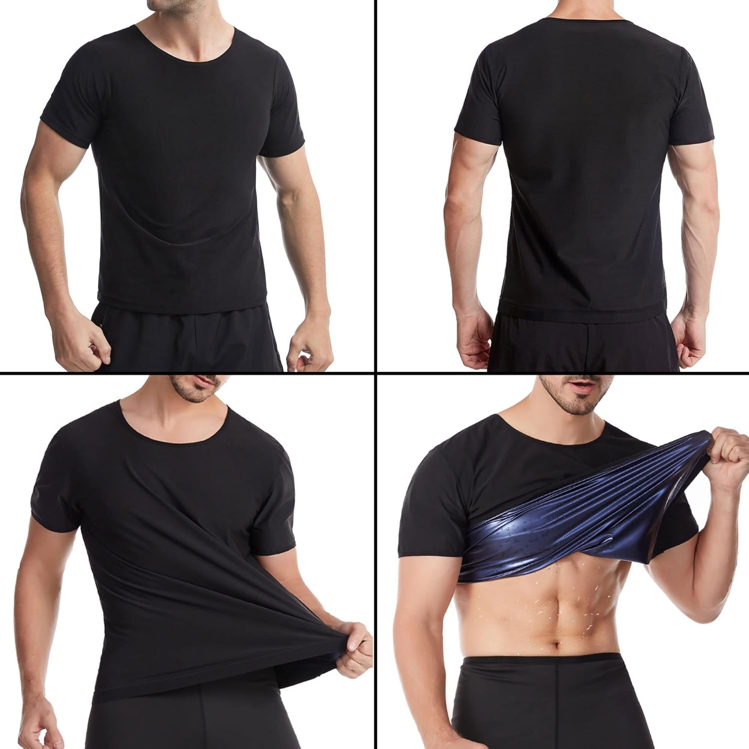 Sauna Shirt for Men, Short Sleeve Sauna Suit for Men, Sweat Body Shaper Sauna Vest for Men Gym Exercise Sauna Top, Black-Blue Inner, Large image number 4