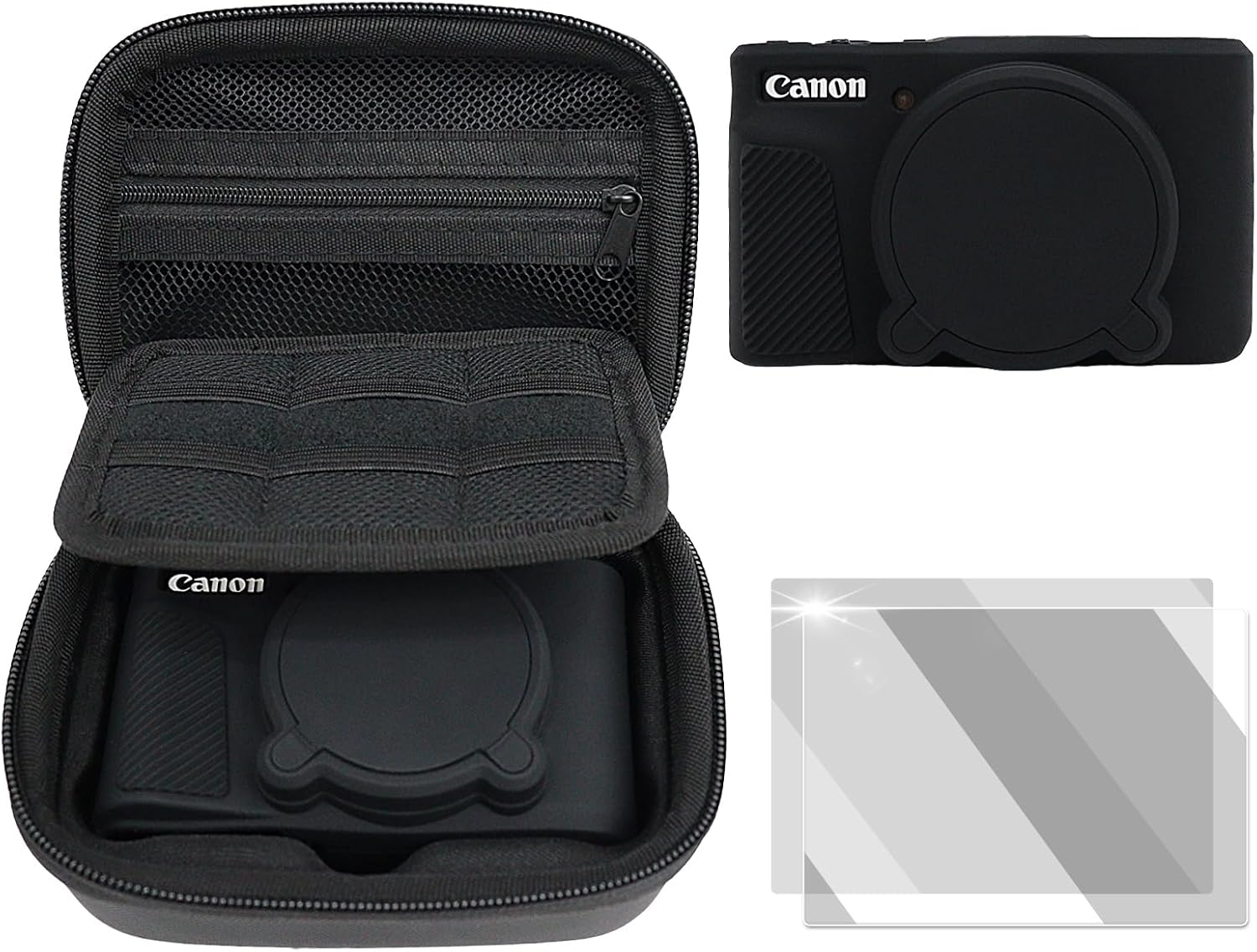 VOVMOEYA Camera Case for Canon Powershot SX730/SX740 HS, Sx730/740 Hs Camera Case Accessories Kit,Eva Hard Carrying Bag + Soft Silicone Protective Cover + 2 LCD Tempered Films-Black