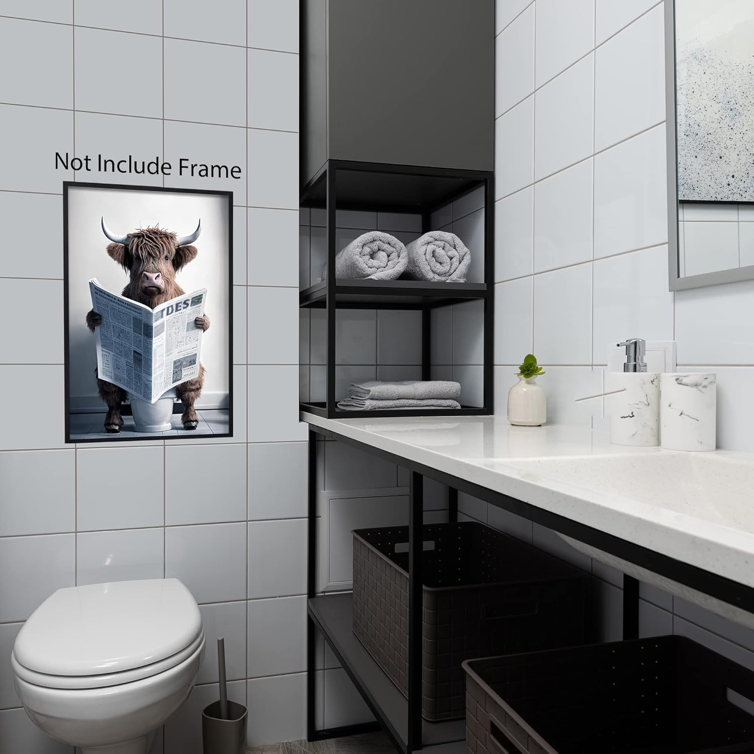 Rc6On Funny Highland Cow Wall Art Canvas in Bathroom Picture, Humor Animals Artwork Prints, Rustic Farmhouse Styles Decor for Living Room, Bedroom, Kids (12X18Inch, Unframed)