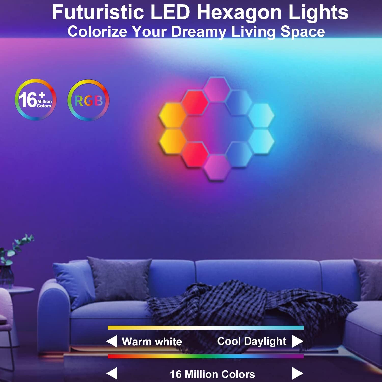 LED Hexagon Lights, Smart Hexagon Wall Lights App Control, LED Light Panels Gaming Lights for Wall, Music Sync, DIY Geometry RGB Room Lights for Gaming Room Living & Bedroom Streaming, 7 Panels image number 5