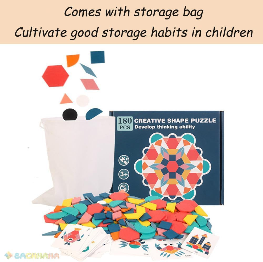Wooden Pattern Blocks with Cards,180Pcs Tangram Shape Puzzle Set for Kids,Stem Educational Toys for Ages 4-8 image number 4