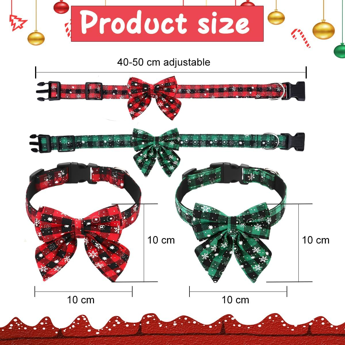 O-Kinee Christmas Dog Collar, Christmas Collar Dog, Cat Collar with Bow, Bow Tie for Dogs, Cute Checked Pattern, Dog Christmas Costume, Pet Collar for Kittens and Dogs (L) image number 3
