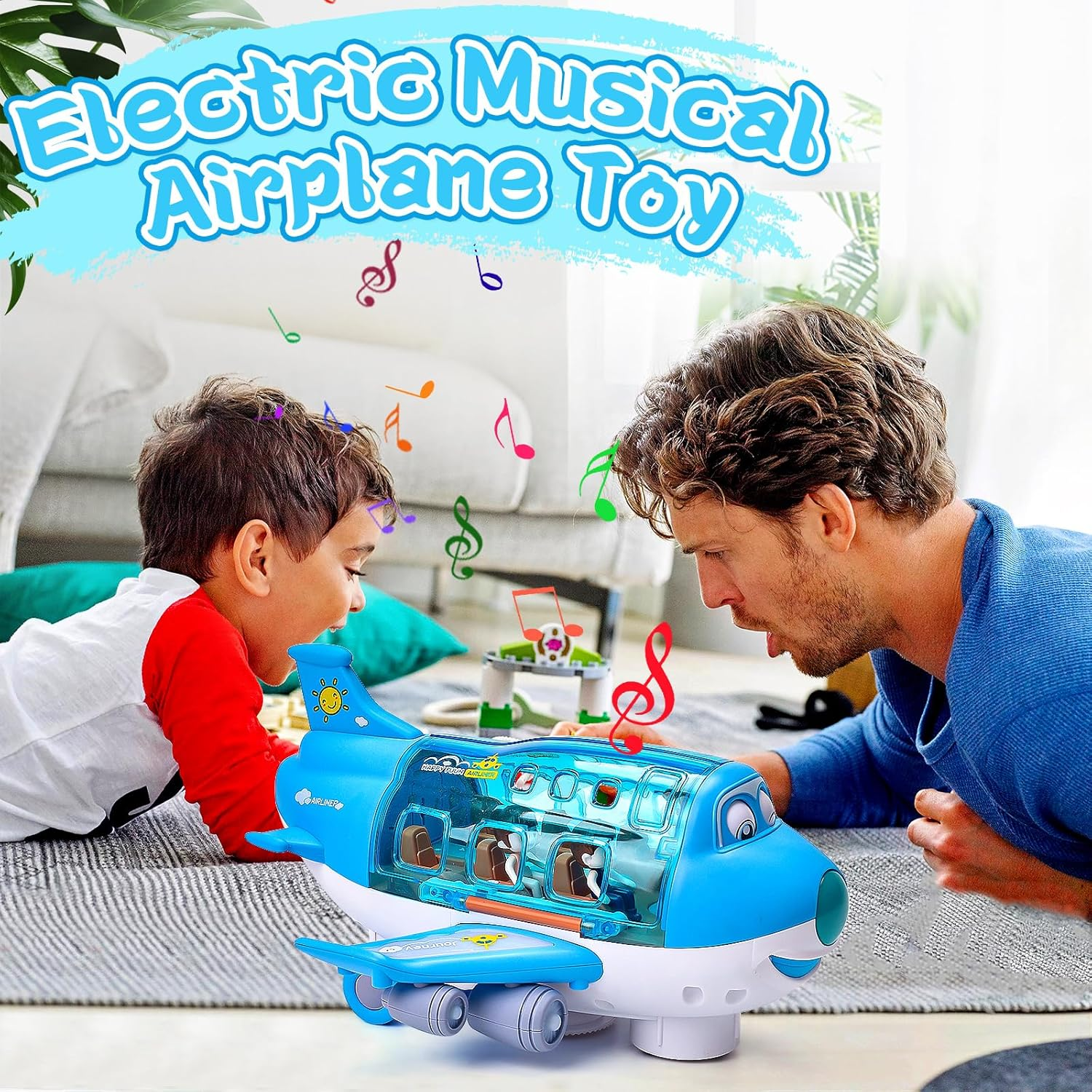 Electronic Plane Toy with Flashing Lights Music, Crawling Toy, 360&deg; Rotating Electric Aeroplane Toy, Children'S Toy from 1-3 Years (Blue) image number 2