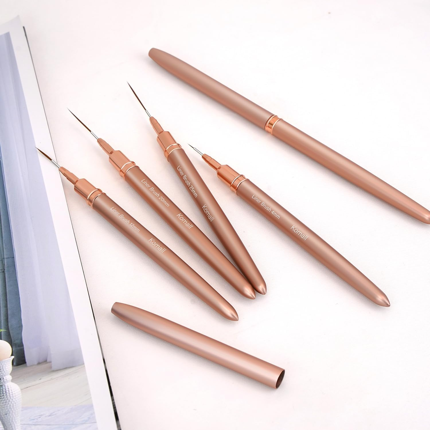 Metallic Nail Art Brushes, 5Pcs Liner Brush Set, UV Gel Polish Painting Art Design Pen for Long Lines, Thin Details, Fine Drawing Sizes 4/8/12/20/25Mm(Champagne Gold) image number 2