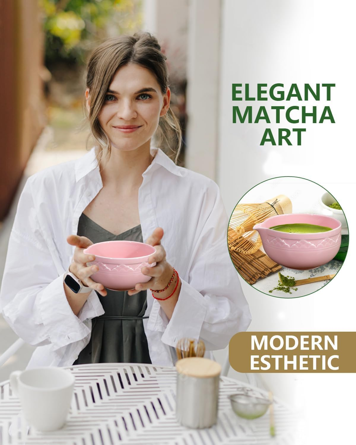 6 Pack Matcha Whisk Set, Japanese Tea Set Includes Matcha Bowl with Spout, Bamboo Matcha Whisk and Scoop, Matcha Whisk Holder, Stainless Steel Sifter, Scoop Stand, Matcha Kit for Matcha Love (Pink) - Green image number 5