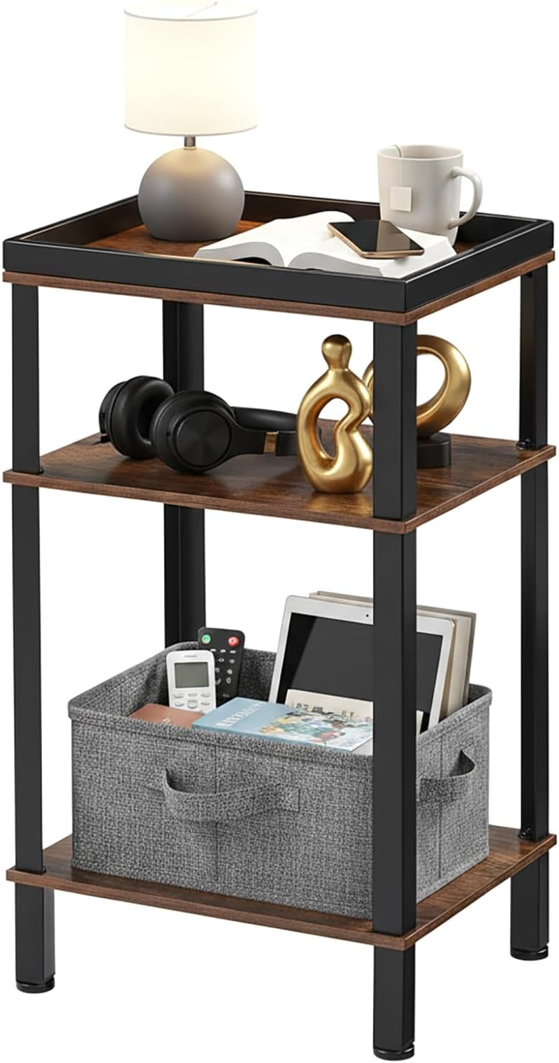 Side Table for Small Spaces,3 Tier End Table with Metal Tabletop Tray Storage Shelf, Small Narrow Thin End Table Bedside Table,Nightstand for Hallway,Living Room,Bedroom, Office (Grey)