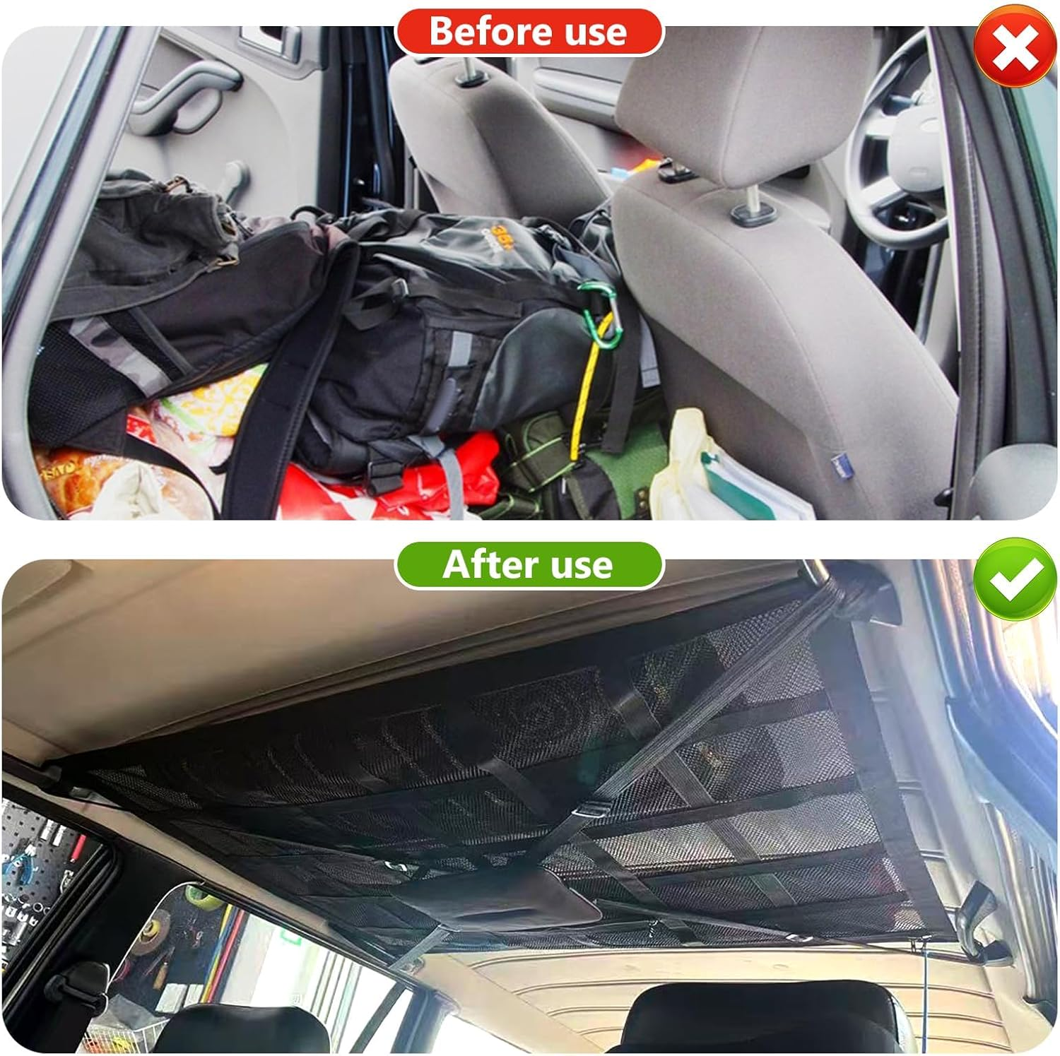 Car Ceiling Cargo Net with 2 Pockets & Adjustable Support Straps, 90&times;65Cm SUV Roof Storage Mesh for Car Camping, Travel & Overlanding Accessories Black