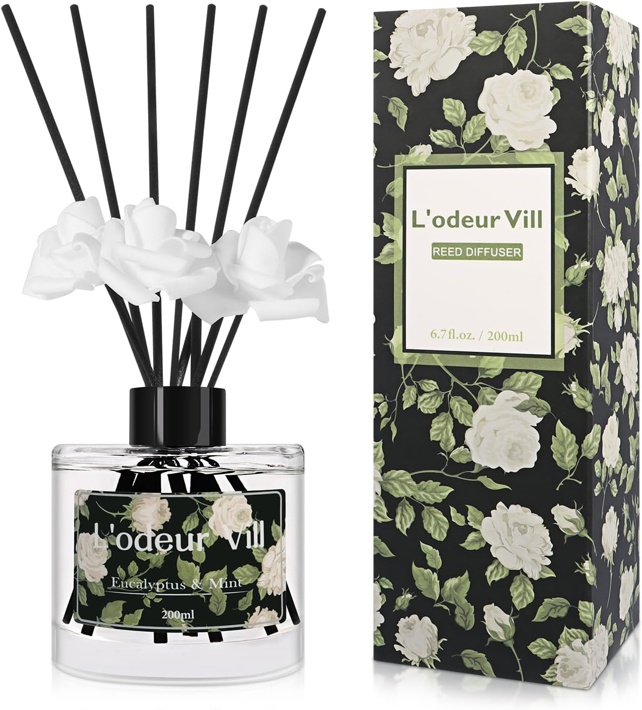 L'Odeur Vill Reed Diffuser Set, 6.7 Oz Eucalyptus & Mint Scented Diffuser with 6 Sticks, Reed Diffuser with 3 Artificial Rose Home Fragrance for Bathroom Shelf Decor image number 3