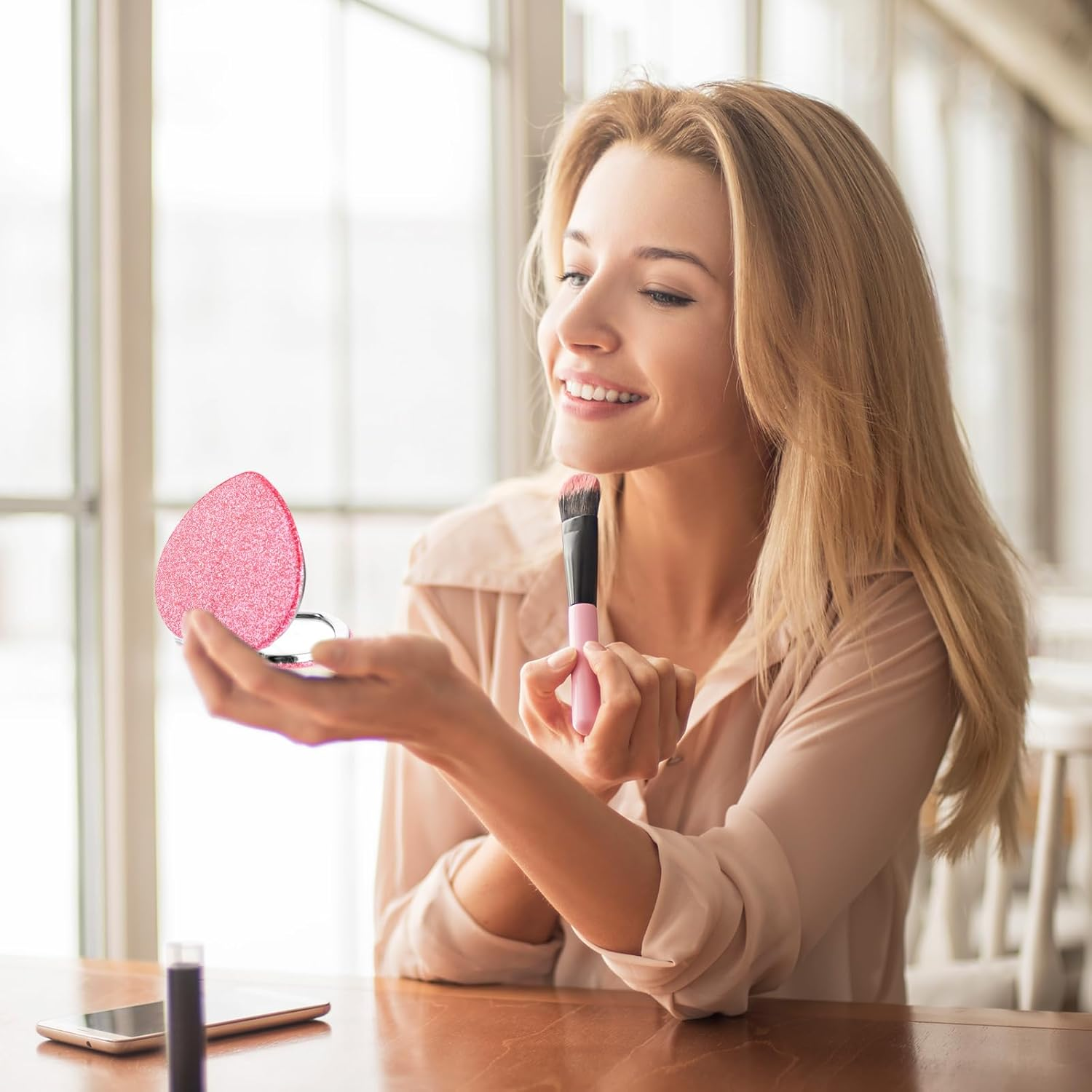 Heart Shaped Compact Folding Mirror Mini Travel Portable Vanity Mirror for Purse Cosmetic Mirror Double Sided Glitter for Women Handbag Wallet Office In image number 2