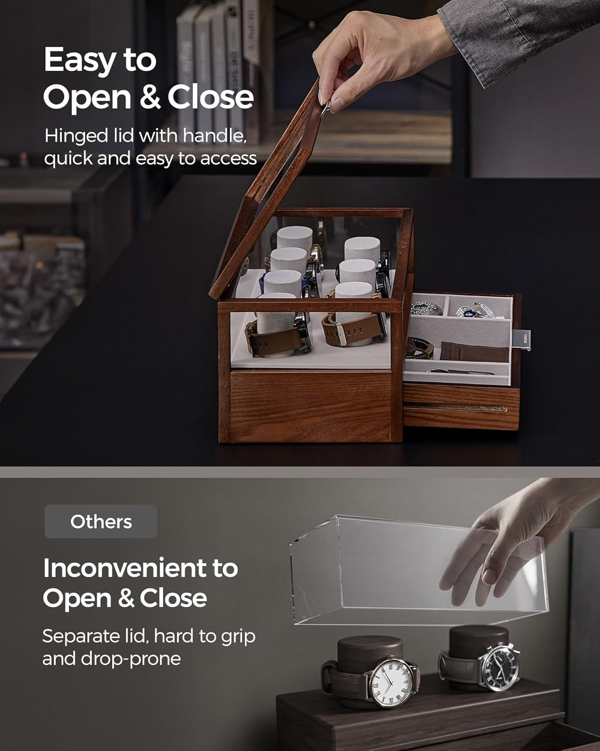 SONGMICS 2-Tier Watch Case, Watch Display Box, Watch Holder with 7 Pillars, Drawer, Acrylic and Solid Wood Top, Velvet Lining, Coffee Brown UJOW007K01 image number 5