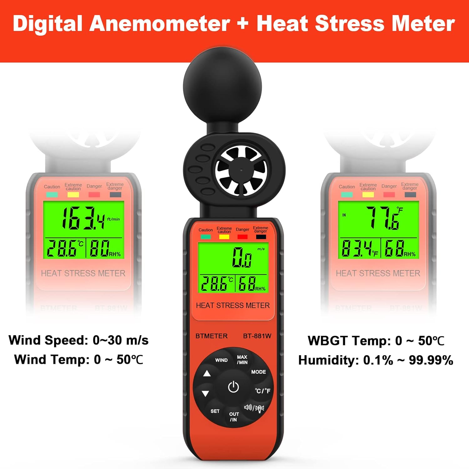 BTMETER BT-881W Heat Stress Meter Anemometer, Digital Indoor/Outdoor WBGT (Wet Bulb Globe Temperature) Meter with Wind Speed, Ambient Temp, Humidity Tester image number 3