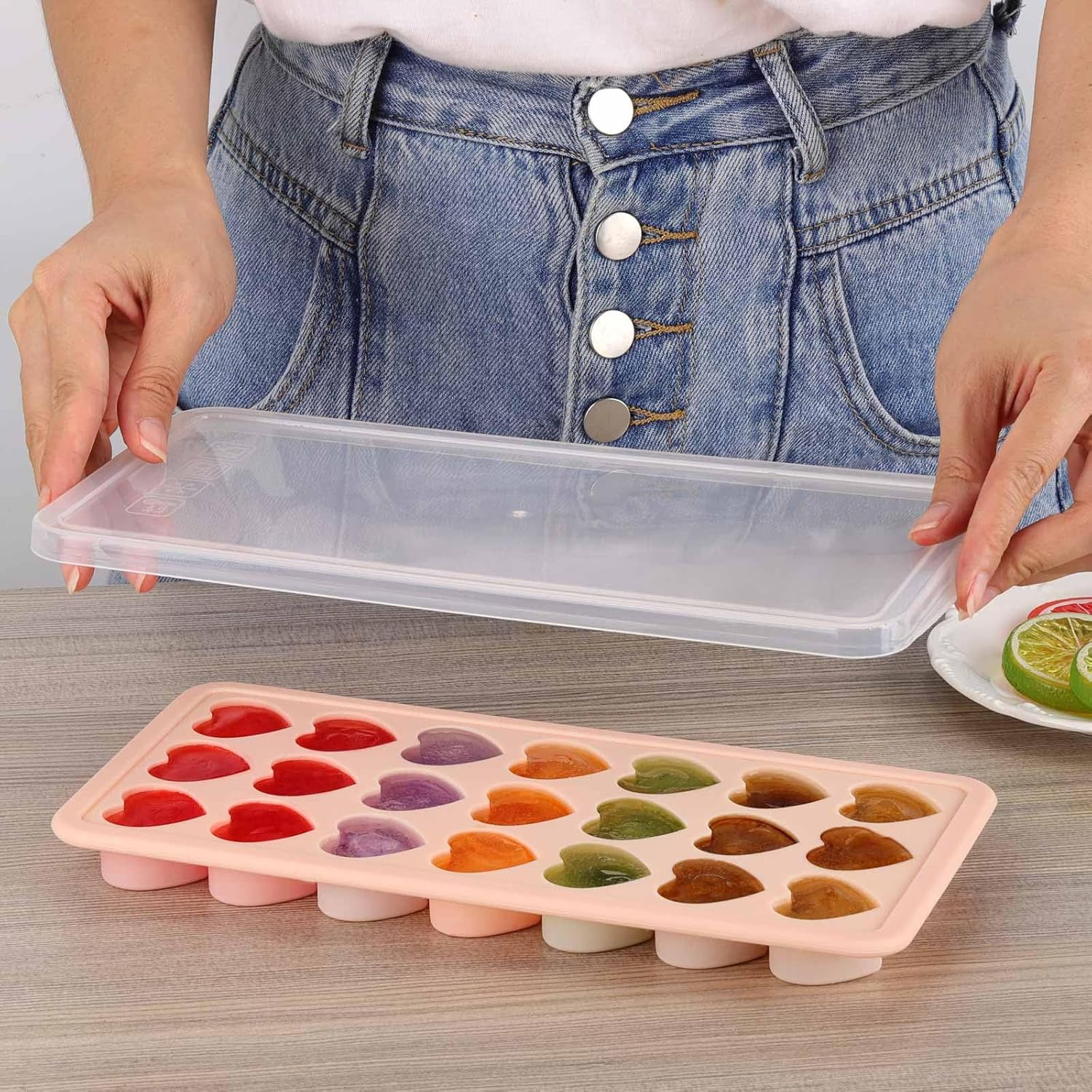Heart Shaped Ice Cube Trays with Lid, Silicone Heart Mold, Easy Release Ice Trays, 21-Cavity Heart Molds for Ice Cubes, Gelatine, Chocolate, Baking and Candy - Pink image number 2