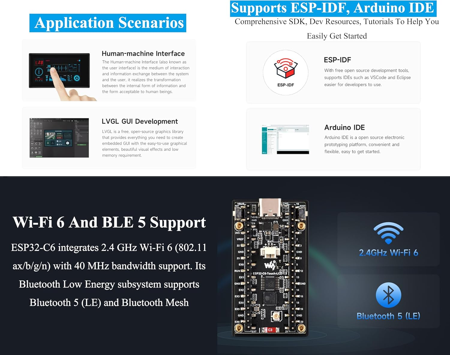 ESP32-C6 1.9Inch Touch LCD Display Development Board, 170X320 Pixels, 262K Color, 160Mhz Running Frequency RISC-V Single-Core Processor, Wf-I 6 & BLE, ESP32 with Display,Compatible with Pico Header