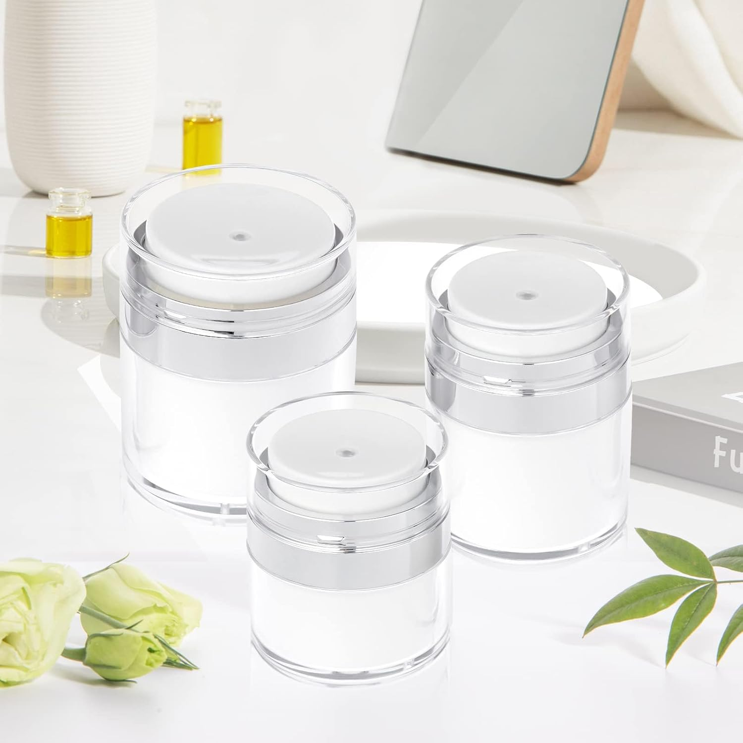 3 Pack 30Ml Airless Pump Jars,Empty Acrylic Makeup Cosmetic Jar Containers with Press Pump,Refillable Airless Travel Lotion Jar with Lid for Thick Moisturizer,Skincare Cream(White) image number 4