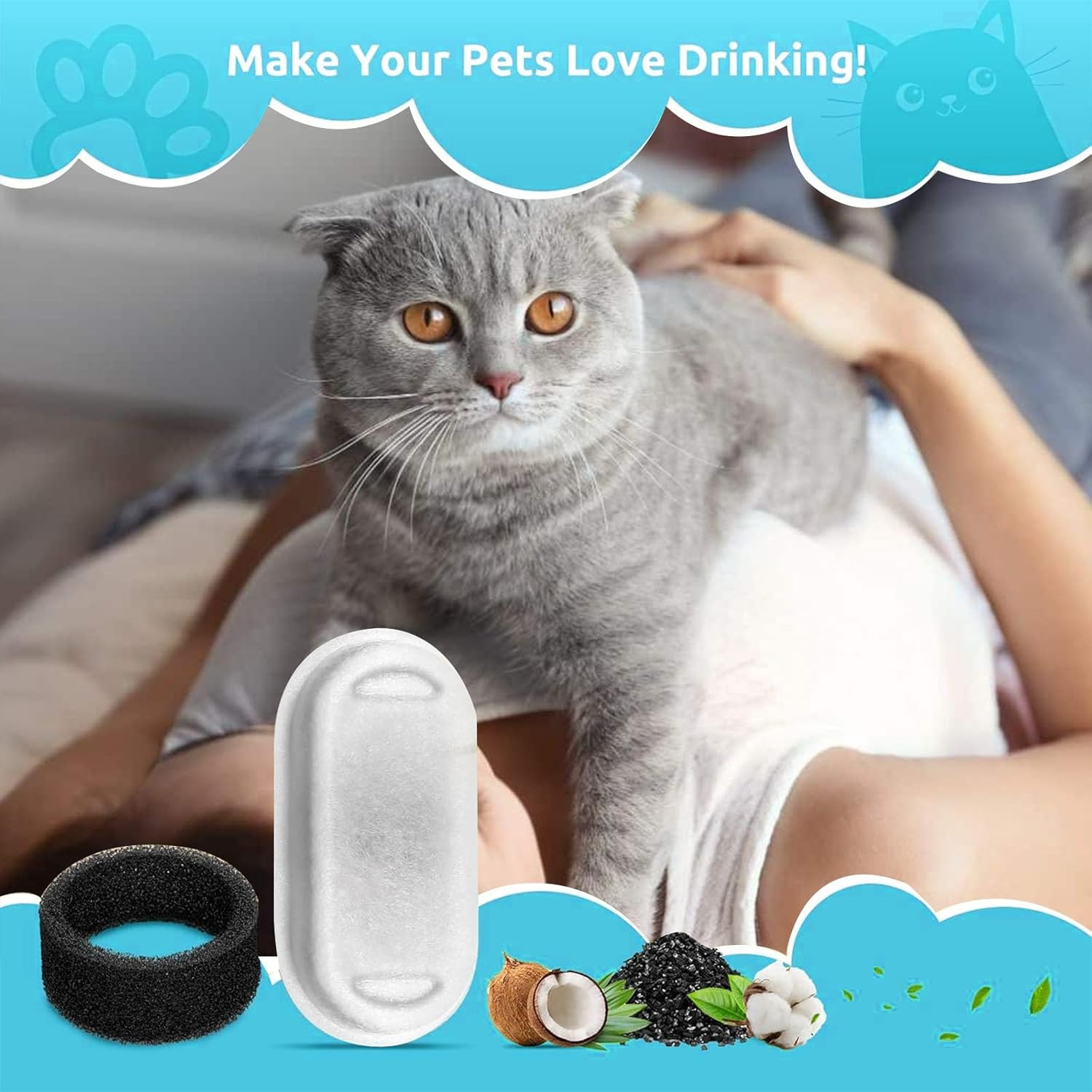 Water Fountain Filter, Replacement Filter for Cat Fountain, Drinking Fountain Filter, 4 Pack Replacement Filter, Cotton Activated Carbon & Resin Cat Fountain Filter with Triple Filtration, for Cats image number 1